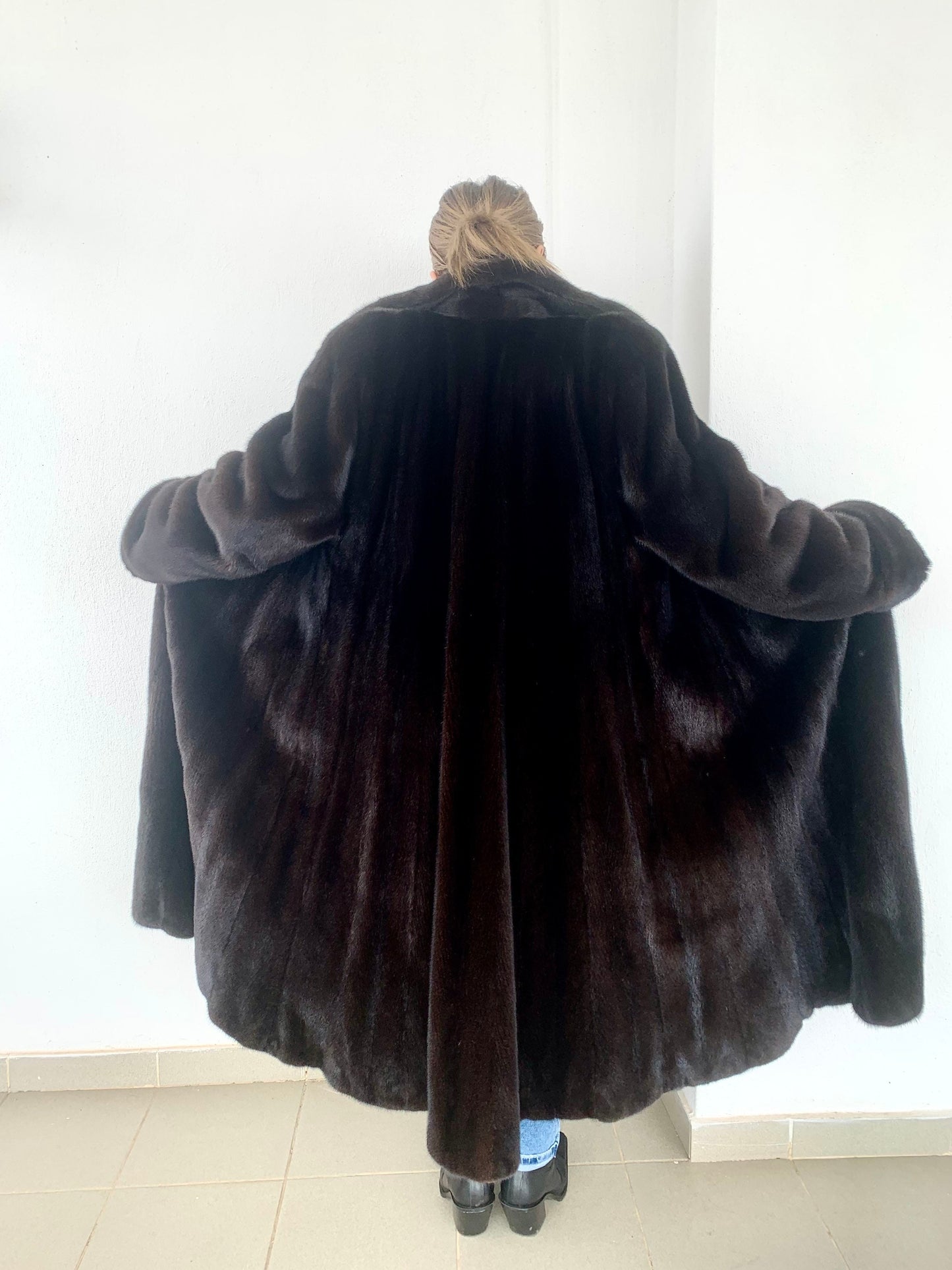 Mahogany Mink Fur Long Coat - Handmade Luxury stroller in full length godet style.
