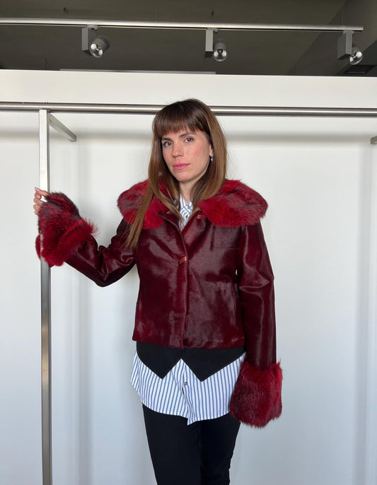 Genuine Cherry Leather Jacket: Hair-On Hide, Fox Fur Trim