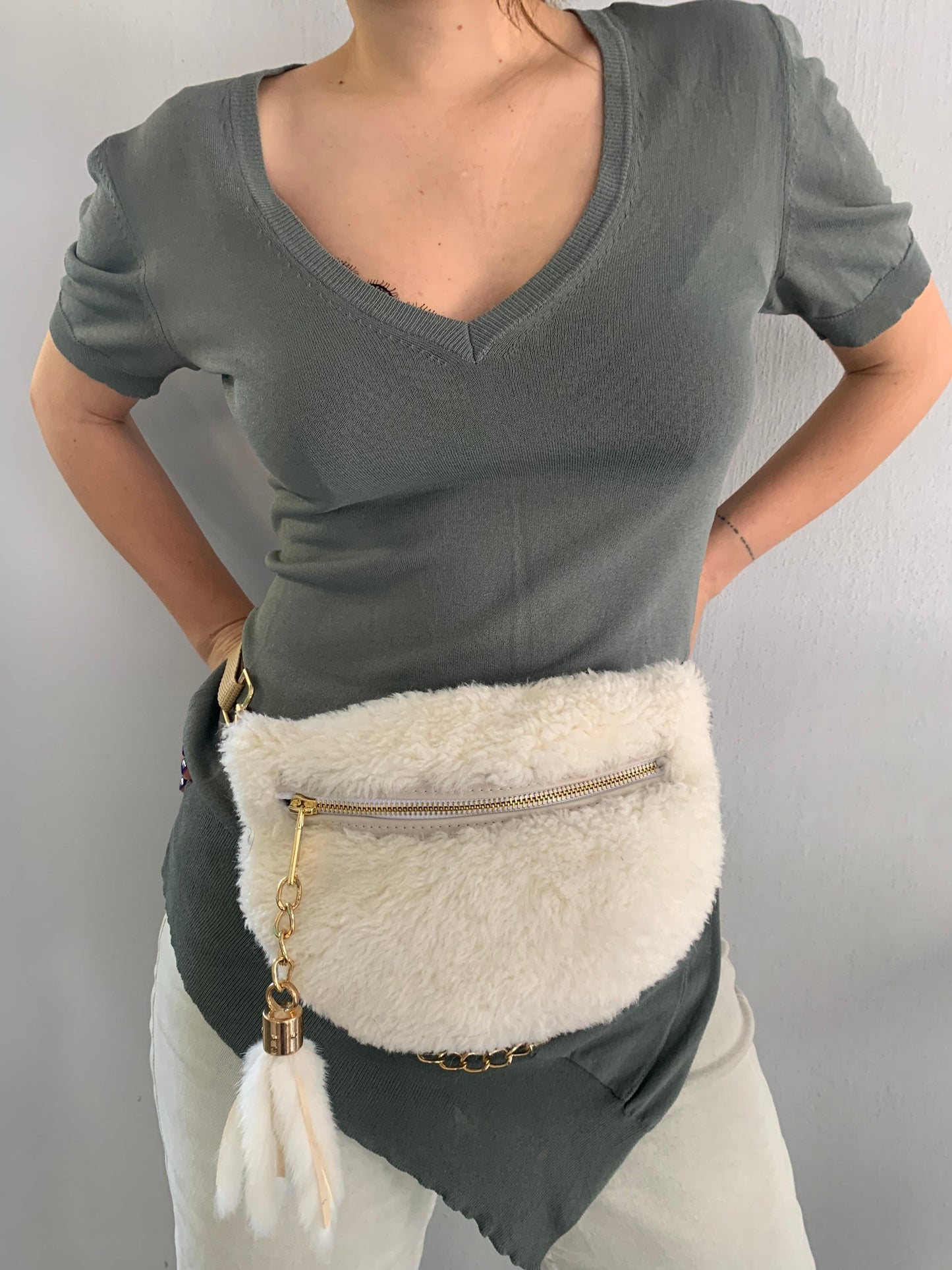 White Sheepskin Fur Bumbag: Multi-Wearable Shearling Fanny Bag