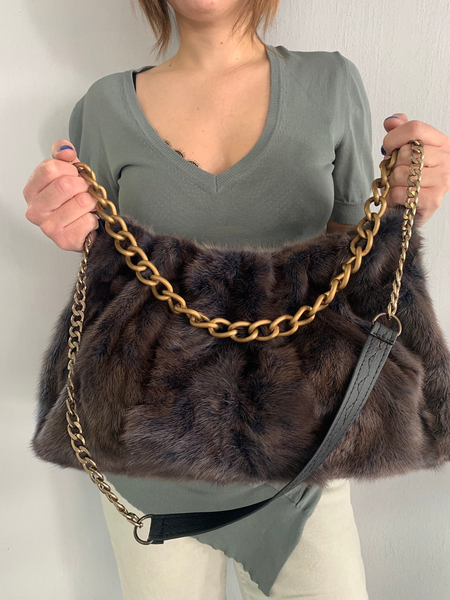 Handmade Mink Fur Shoulder Bag: Brownish Grey Slouchy Pouch with Bronze Straps