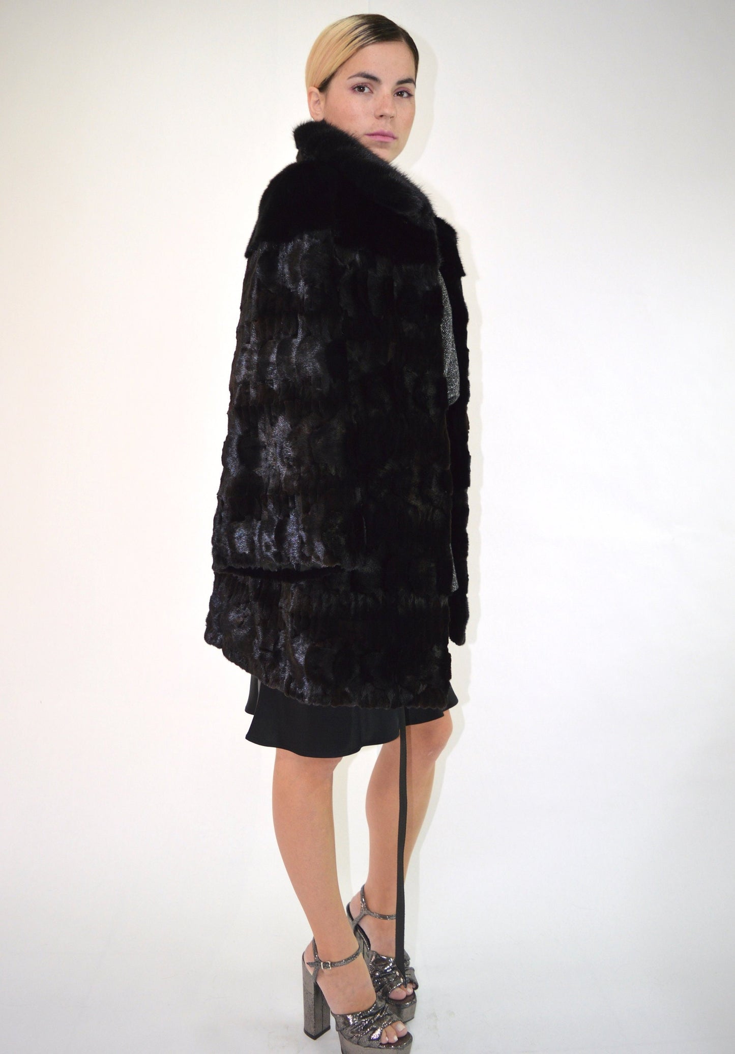 Black Mink Fur Jacket, Genuine Fur Pelt,with Collar