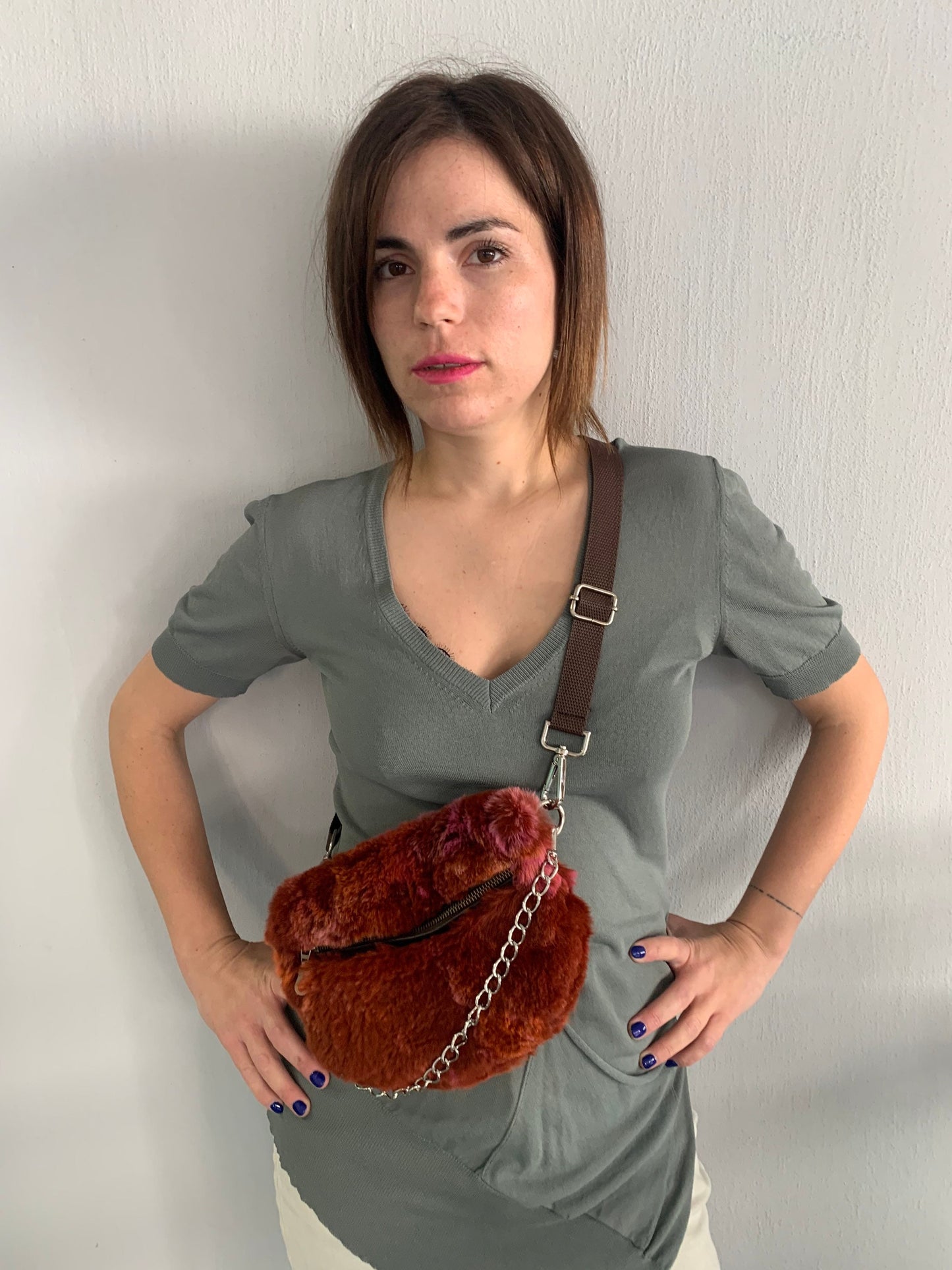 Terracotta Rabbit Fur Bumbag with Chain Strap