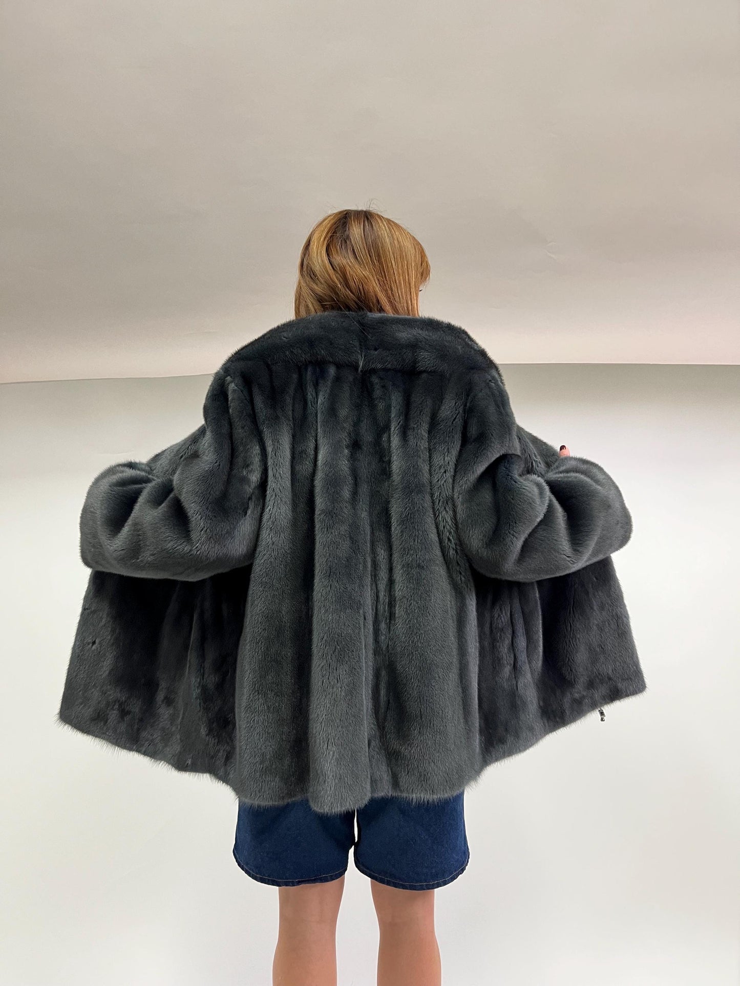 Saga Quality Petrol Mink Fur Jacket: Edgy Stand Up Collar