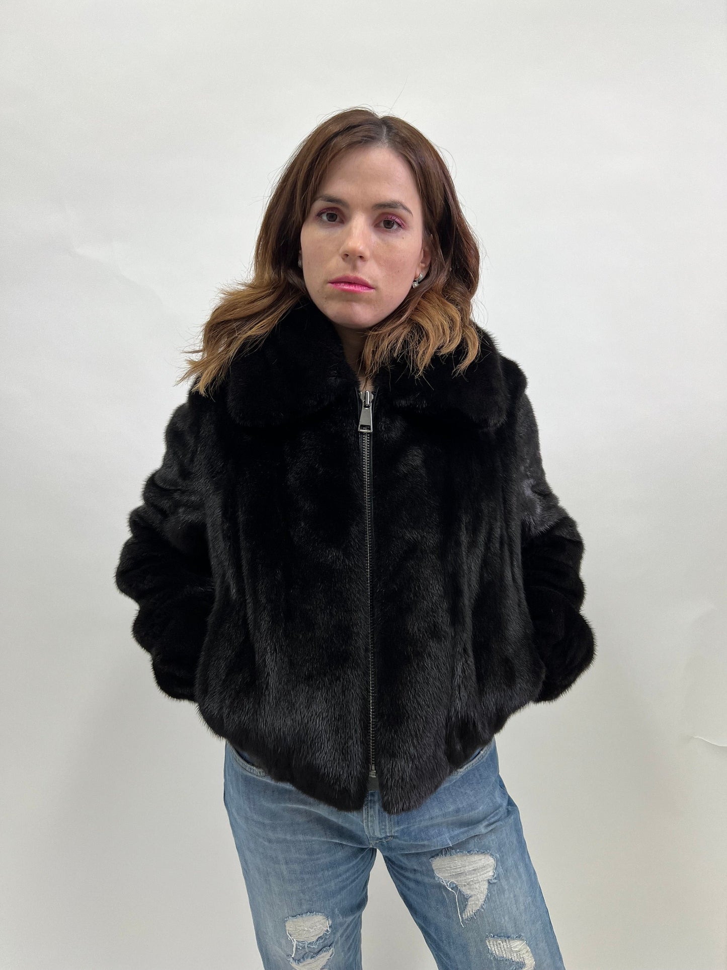 Real Mink Fur Velvet Bomber Jacket - Black, Big Collar