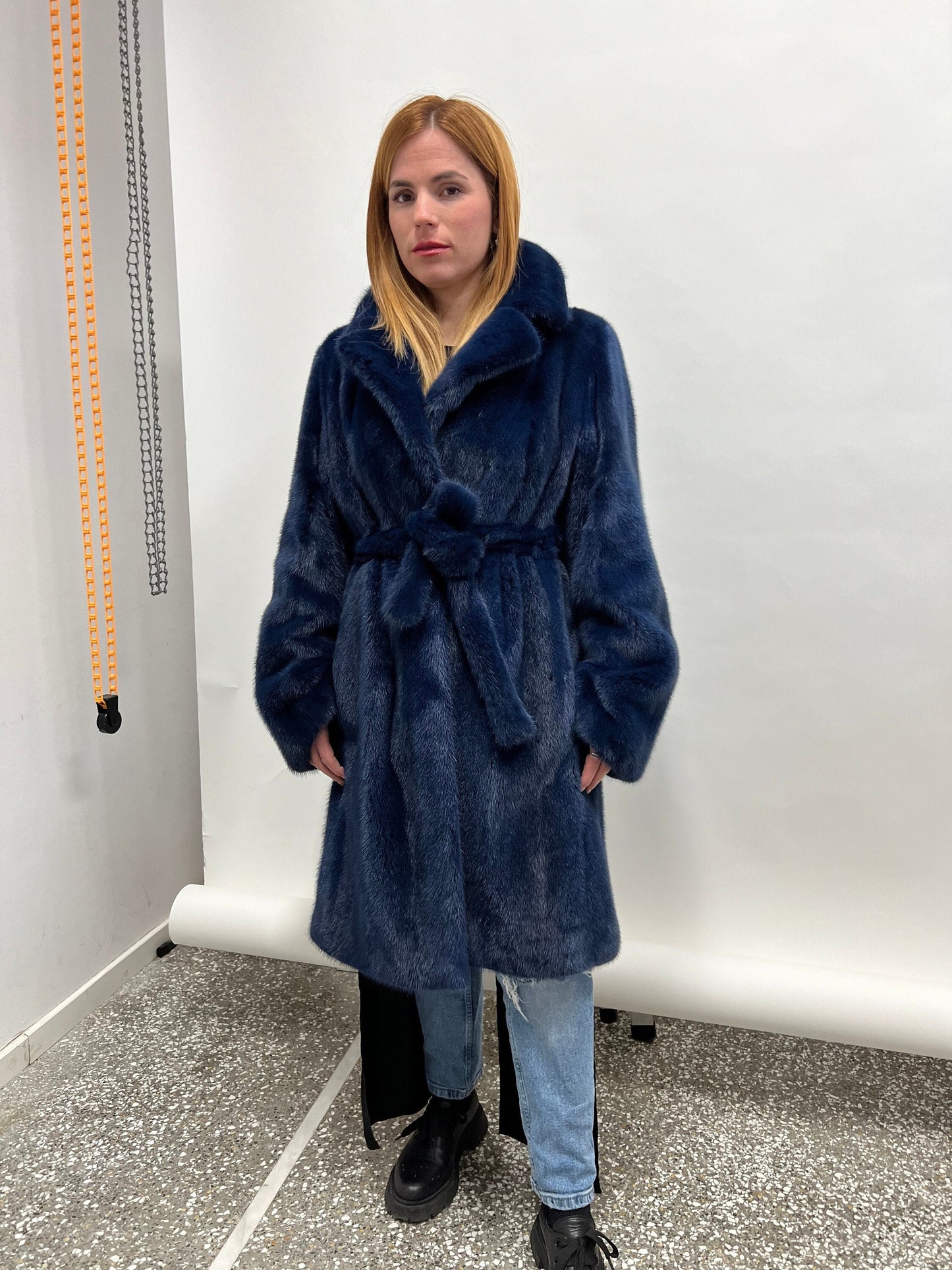 Handmade Navy Blue Mink Fur Coat: Collared Belted Stroller, Large