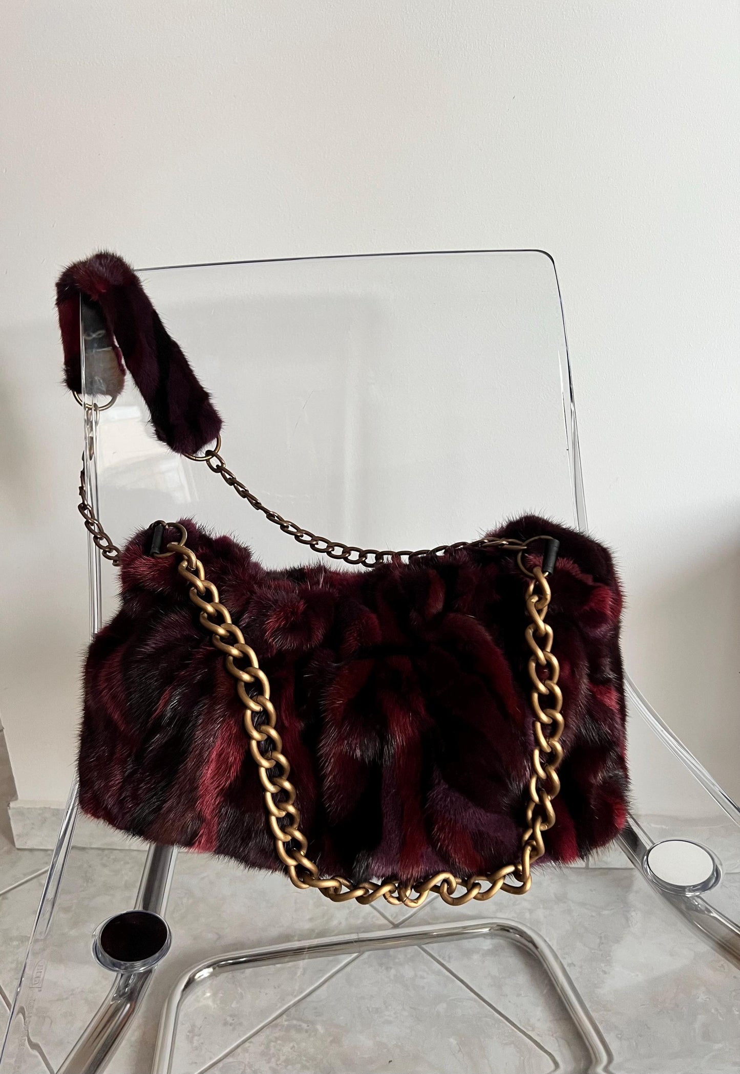 Handmade Mink Fur Slouchy Shoulder Bagin Burgundy : Luxury Cross-body Purse in army shades.