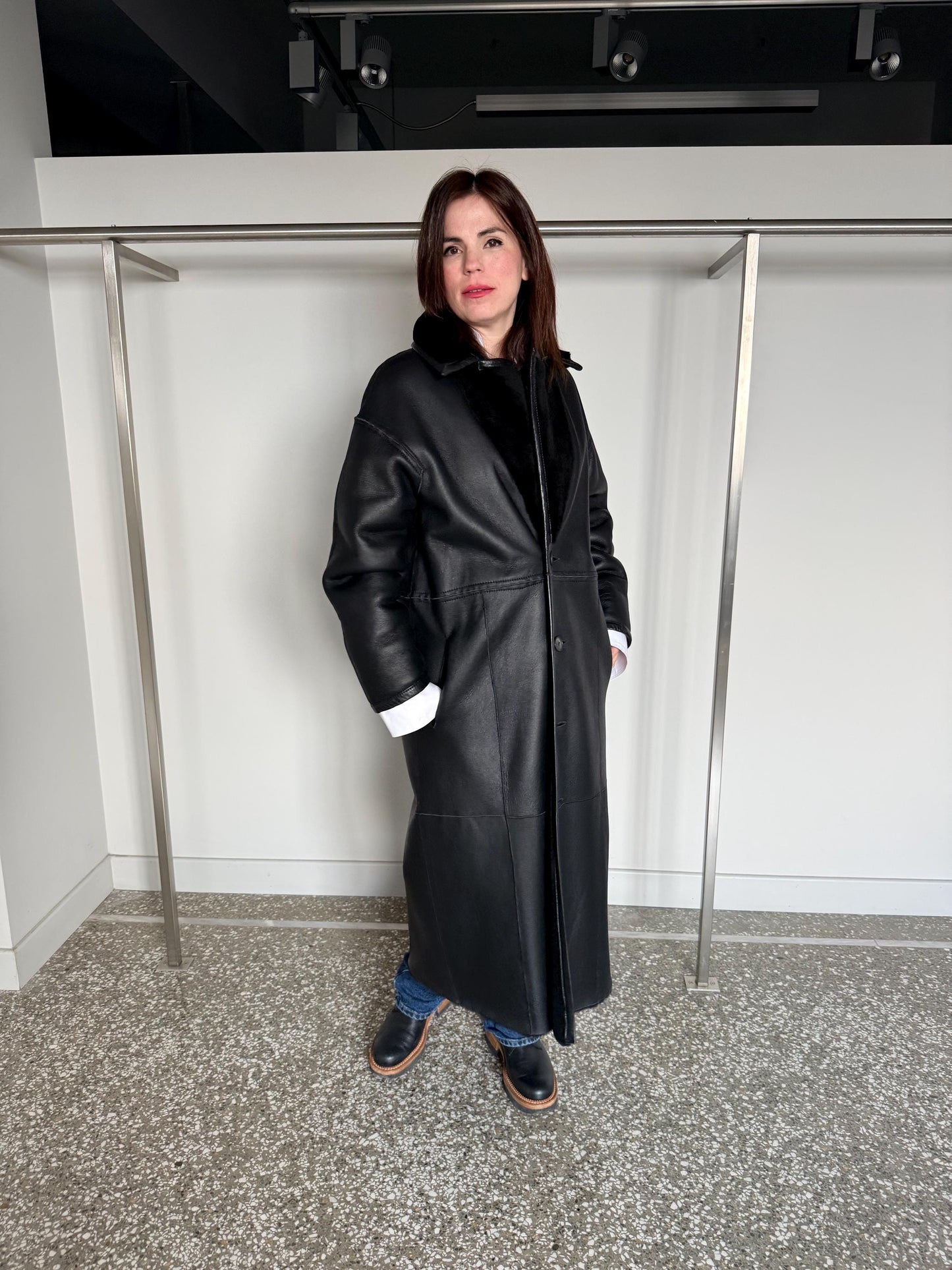 Reversible Black Shearling Fur coat :Extremely warm Sheepskin long Coat with genuine leather.