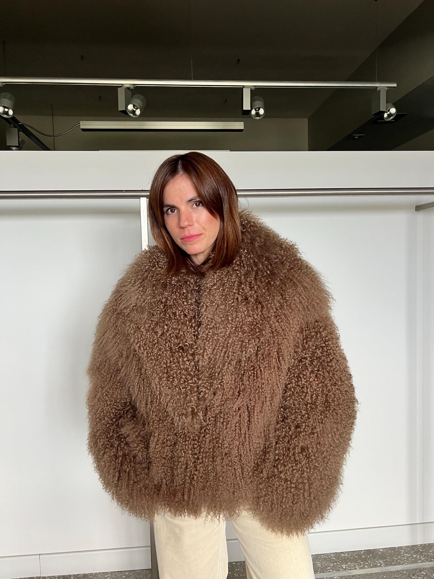 Handmade Chocolate Mongolian Lamb Fur Jacket - Pastel Brown Clip Closure