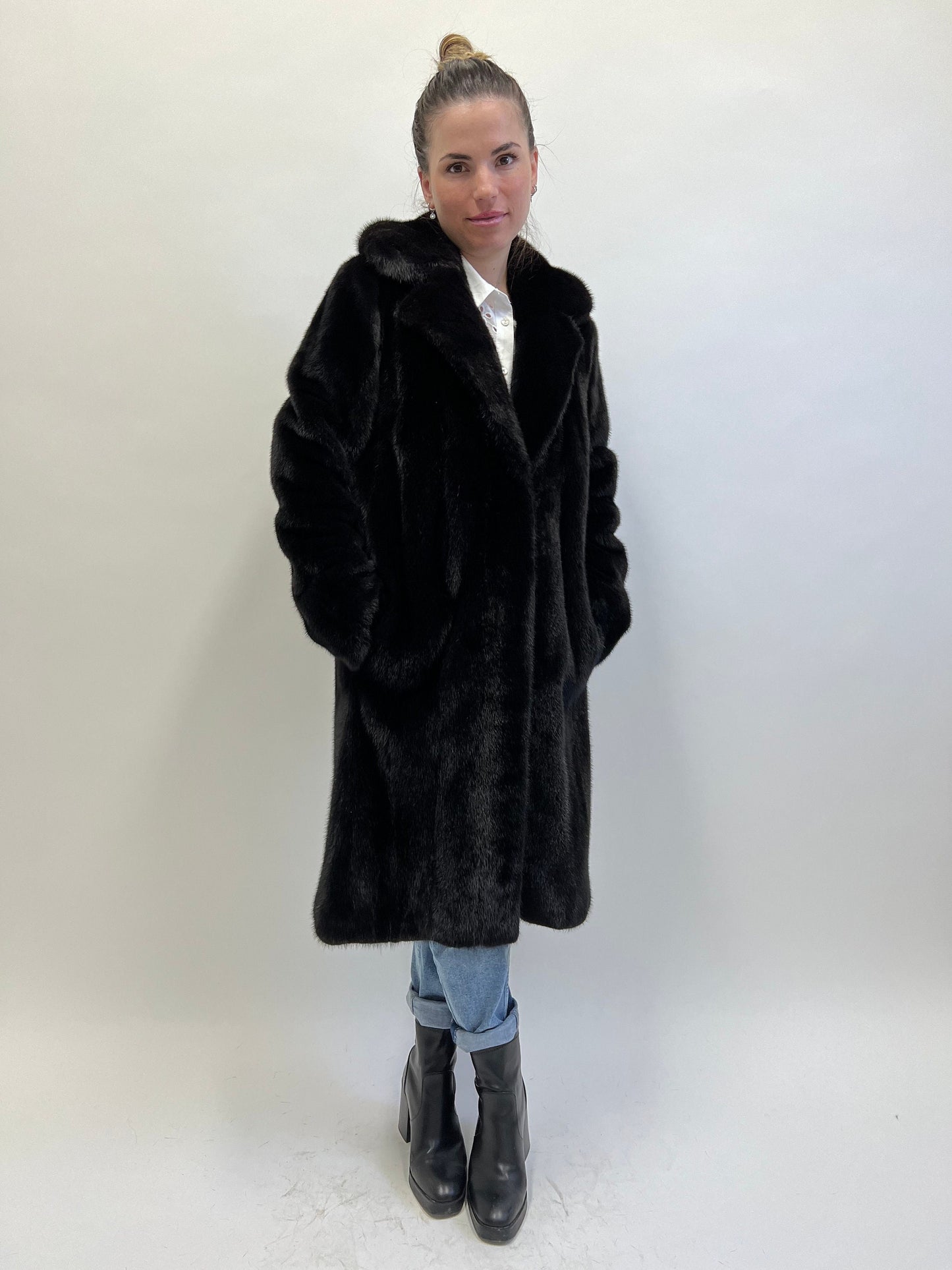 Black Velvet Mink Fur Coat: Luxury Stand Up Collar, XS/S