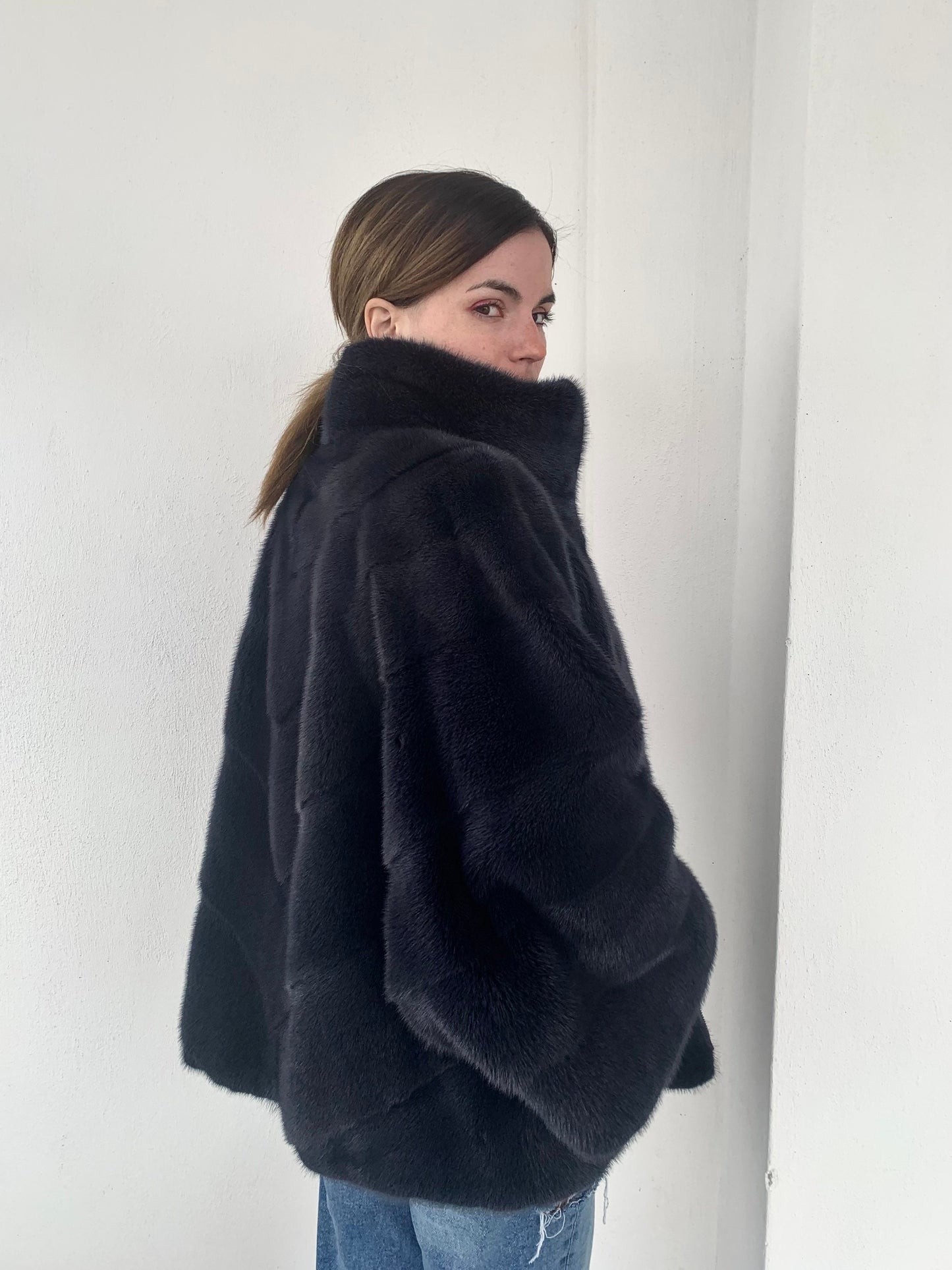Denim Blue Mink Fur Cape: Handmade Oversized Jacket