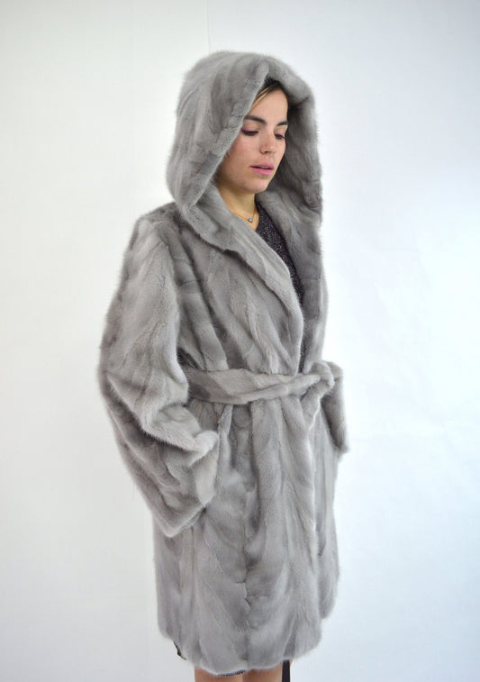 Sapphire Mink Fur Stroller Coat: Hooded Gray Mink Belted Jacket