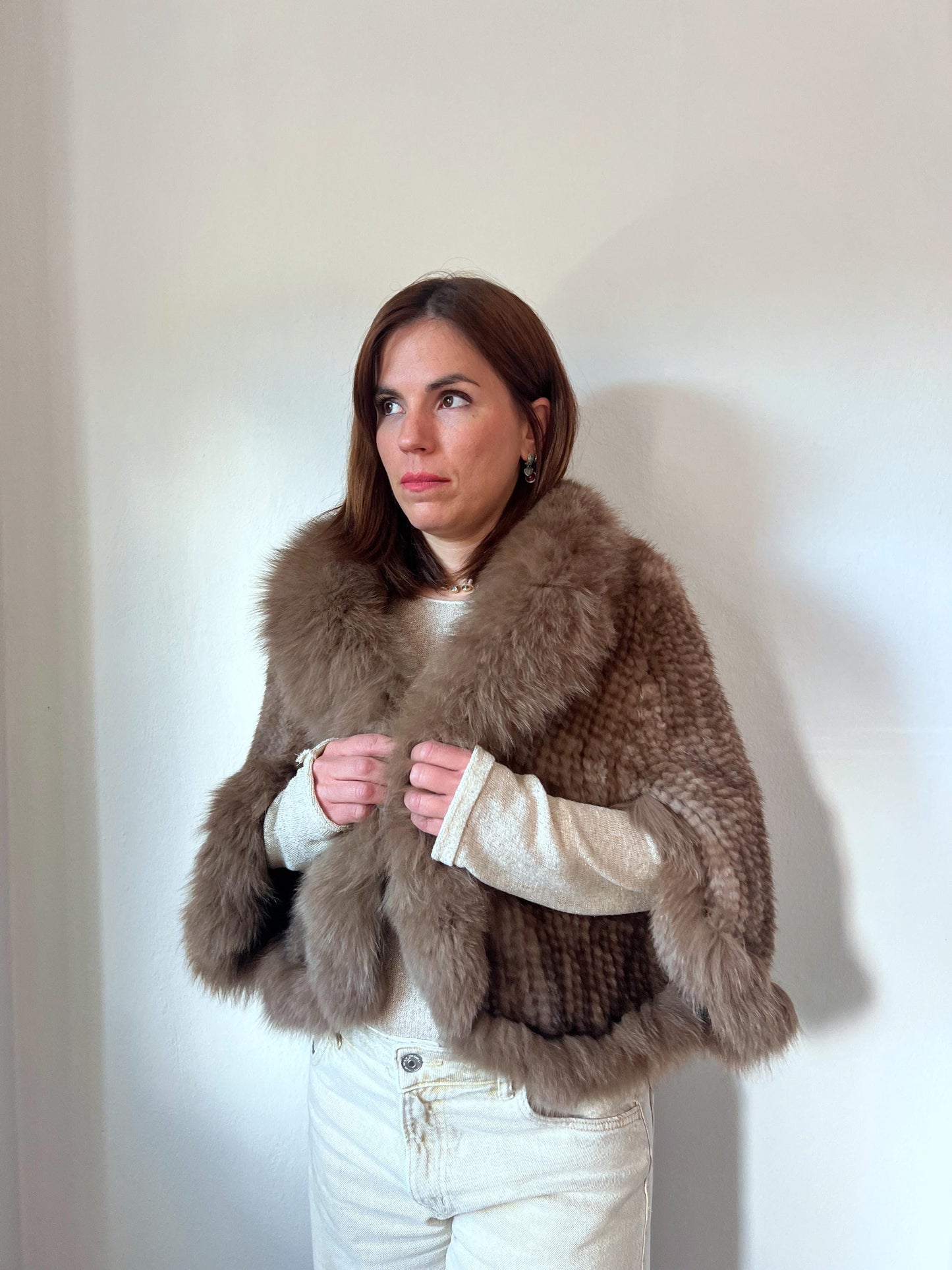 Handwoven Mink Cape with Fox Fur Trim - Taupe Poncho Jacket