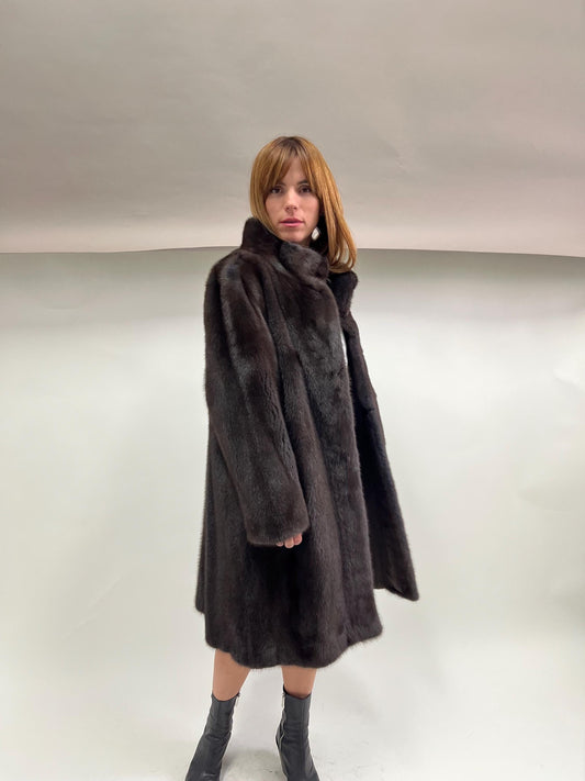 Saga Mink Fur Coat: Brown High Collar Luxury Fur