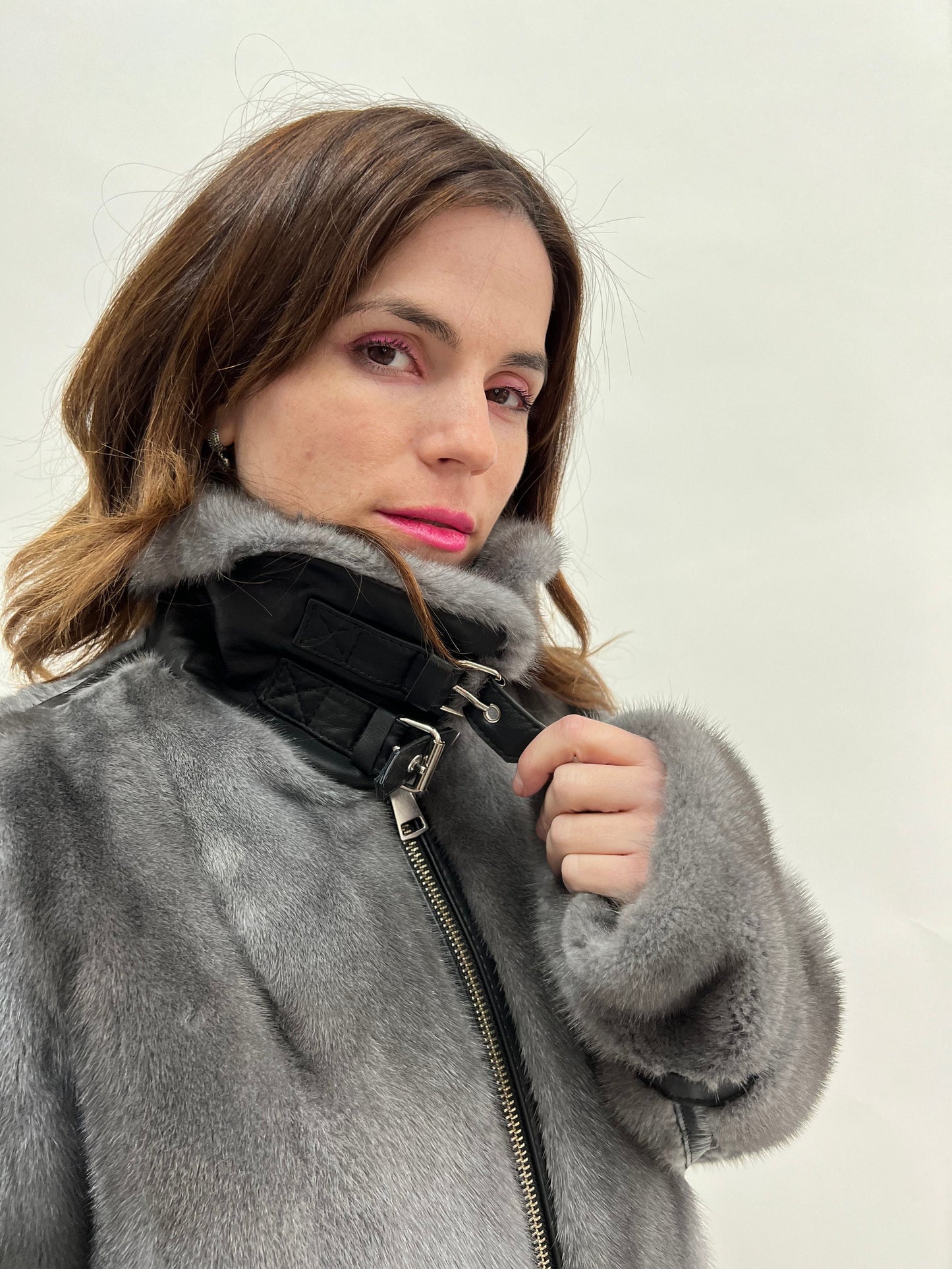 Silver Blue Mink Fur Biker Jacket with Leather Details