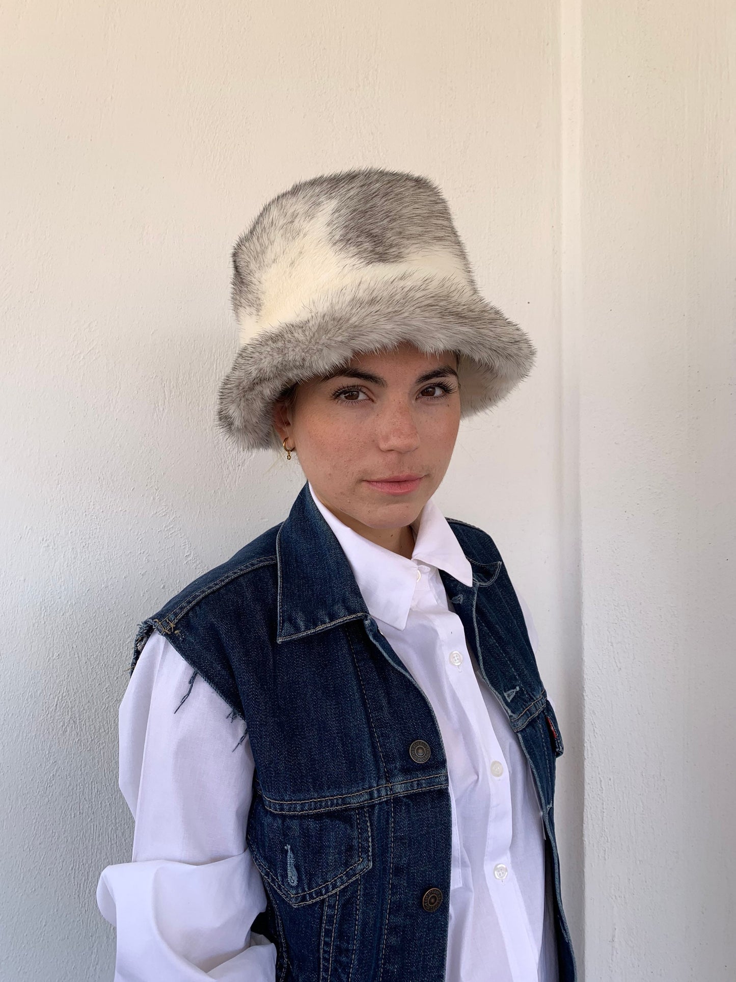 Real Mink Fur Bucket Hat: Silver Cross Design, Padded Lining