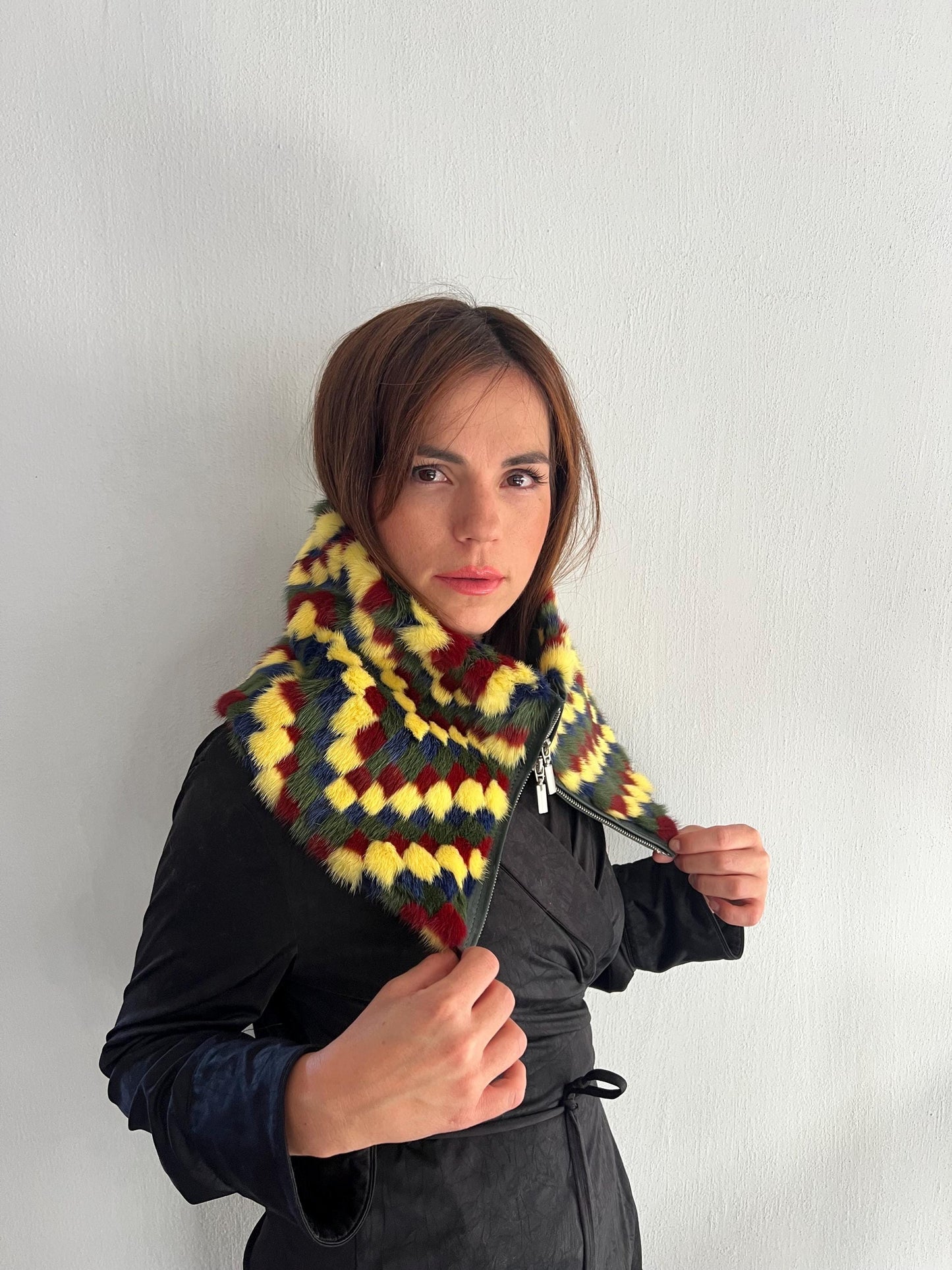 Multicolor Mink Fur Cowl Scarf: Zipped Leather Detail, Handmade