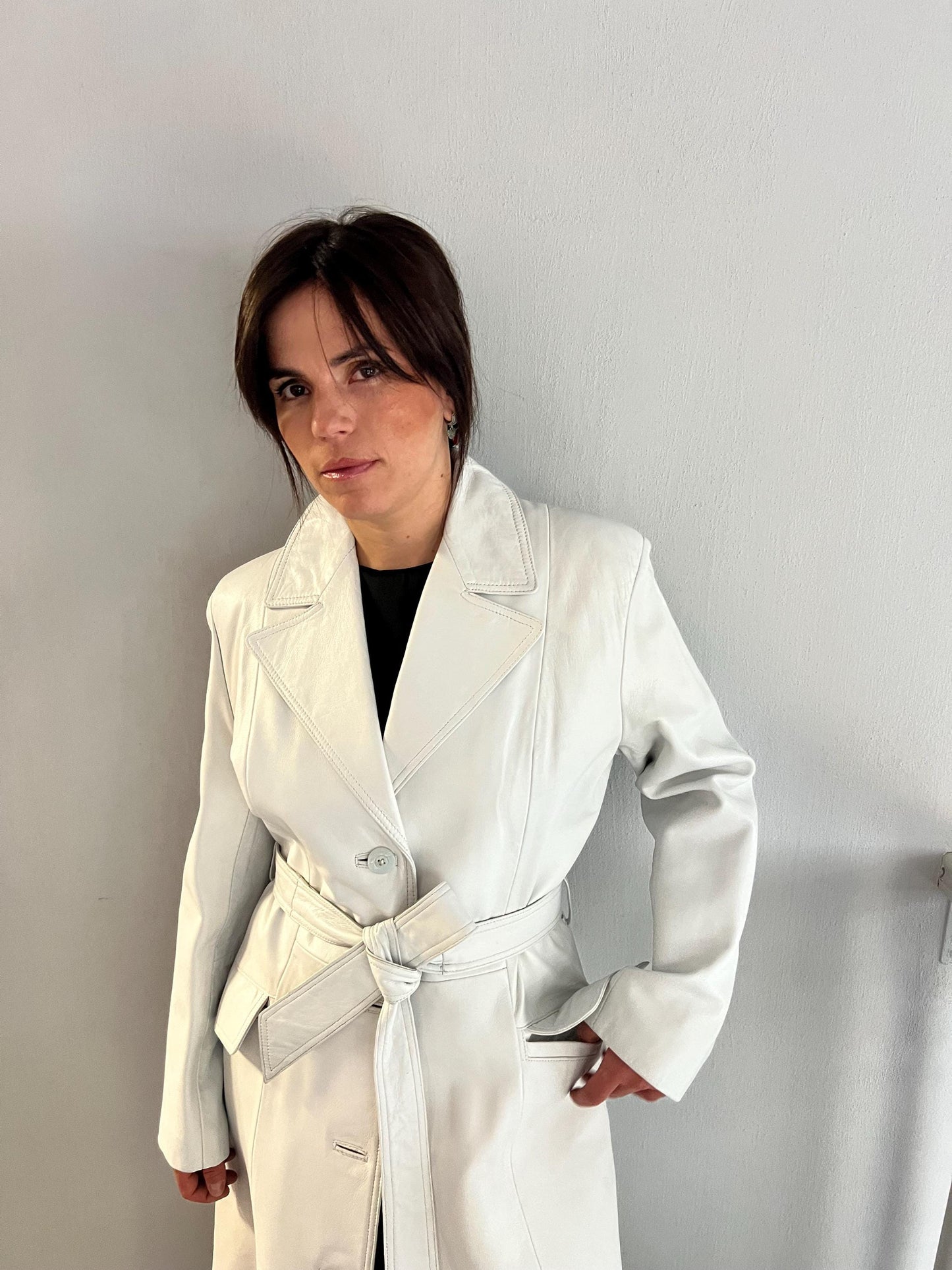 Handmade Nappa Lambskin Leather Coat: White Wrap Belted Jacket