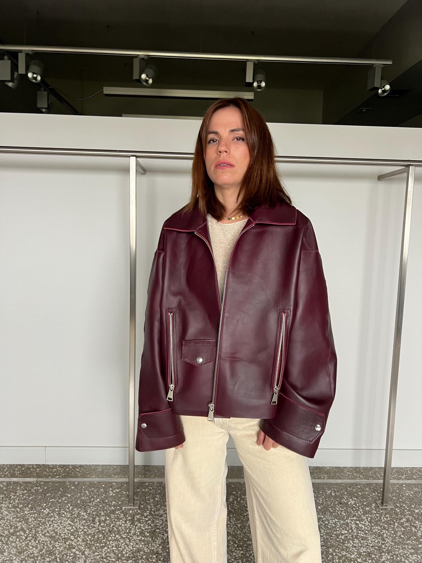 Handmade Burgundy Nappa boxy Leather Jacket: Oversized Zip-Up thick hide Coat