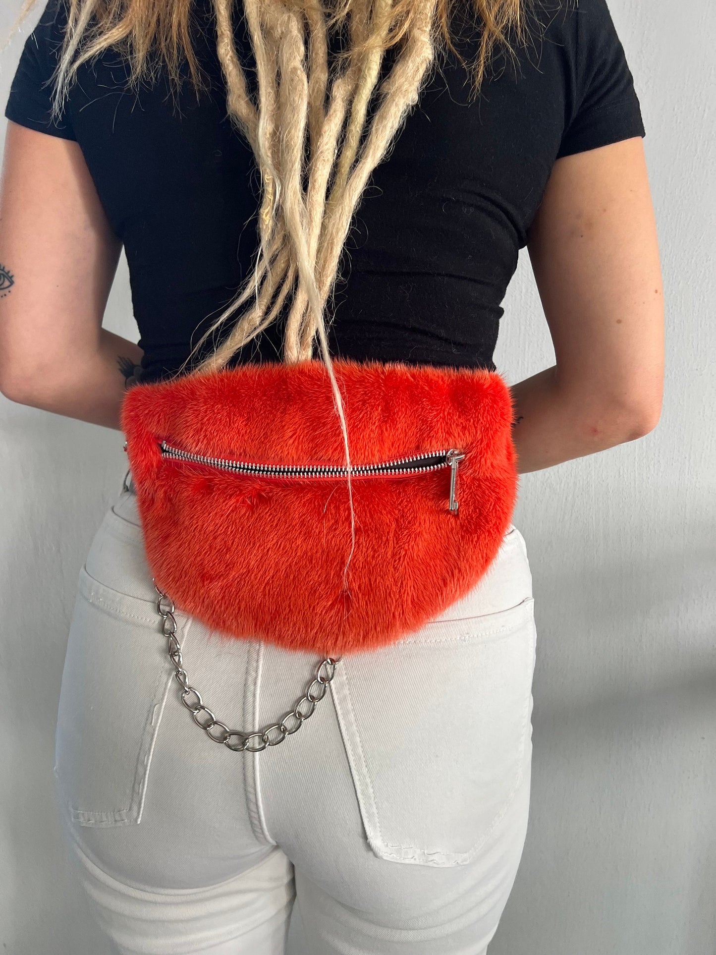 Orange Mink Fur Bumbag with Chain Strap: Luxury Fanny Pack