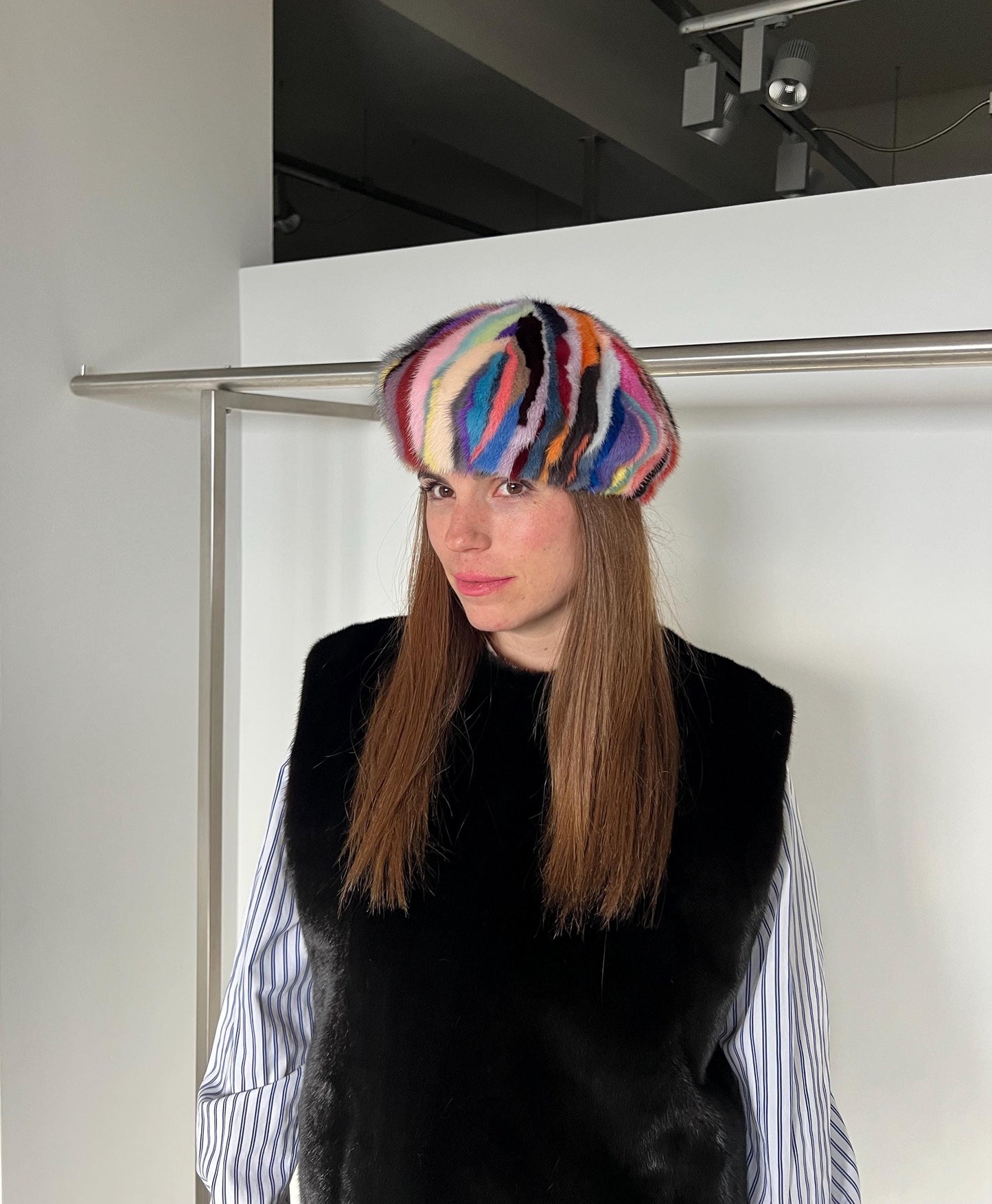 Handmade Multicolored Mink Fur Beret: Stylish Winter Hat