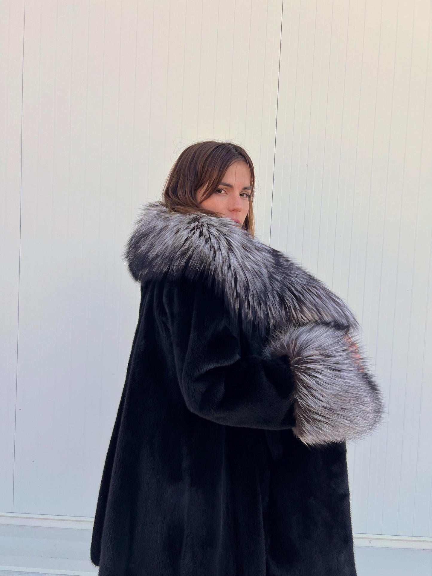 Blackglama Mink Fur Stroller Coat: Silver Fox Collar & Cuffs, Handmade Luxury Jacket (Large)