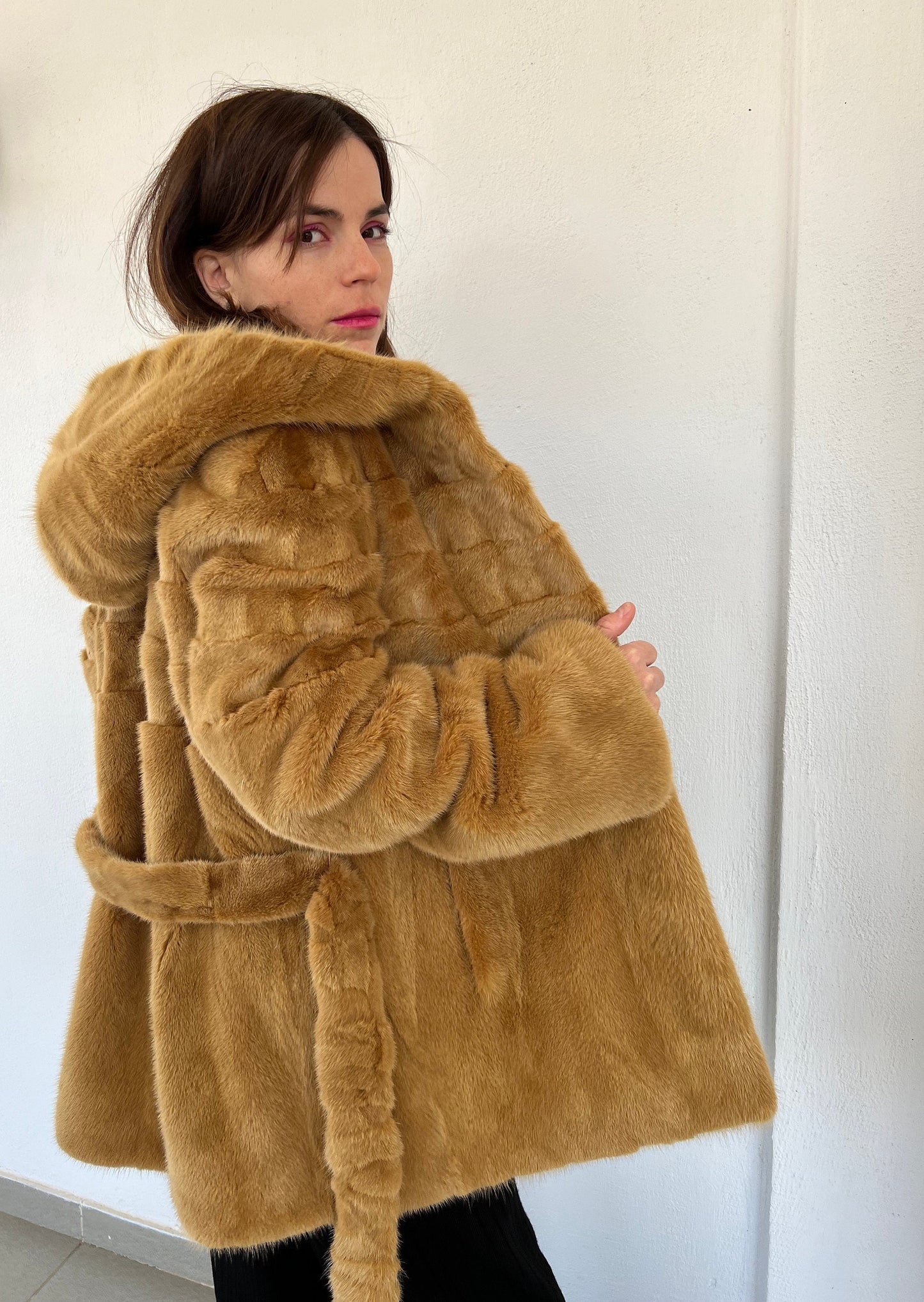 Camel Mink Fur Hooded Jacket with Belt - Luxury Gift