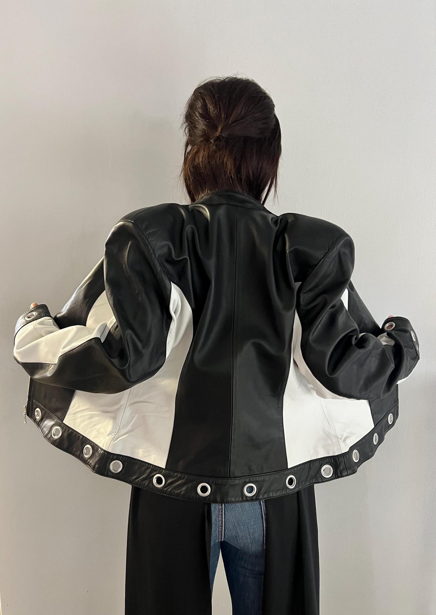 Handmade Black and White Lambskin Leather Jacket - Medium