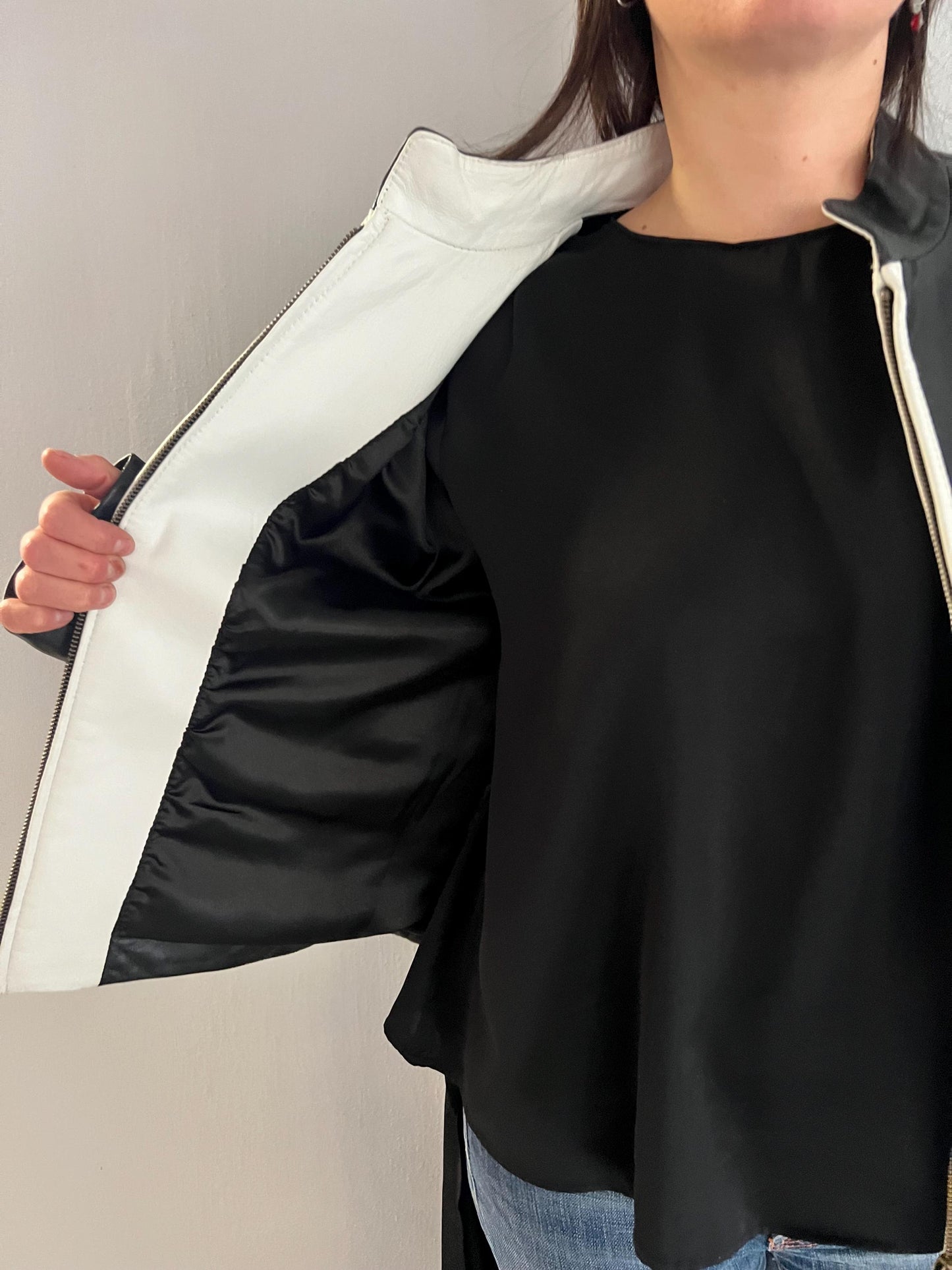 Handmade Black and White Lambskin buttery zipped up Leather Jacket - Medium