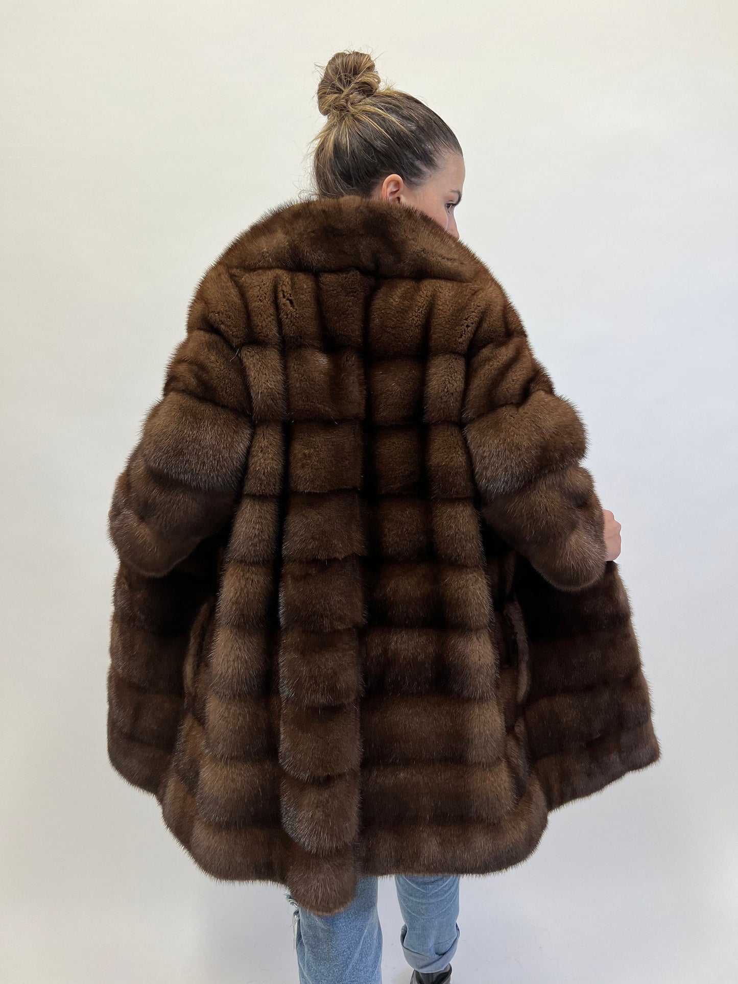 Brown Mink Fur Coat: Horizontal Design, Luxury Jacket