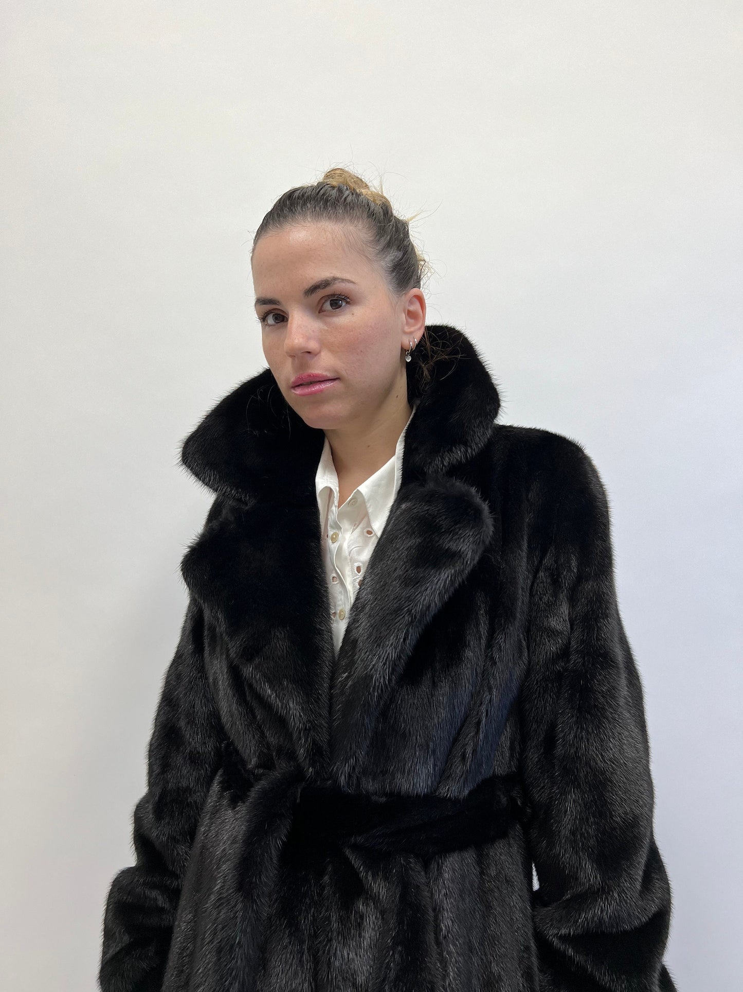 Handmade Black Mink Fur Long Coat: Belted Luxury Outerwear
