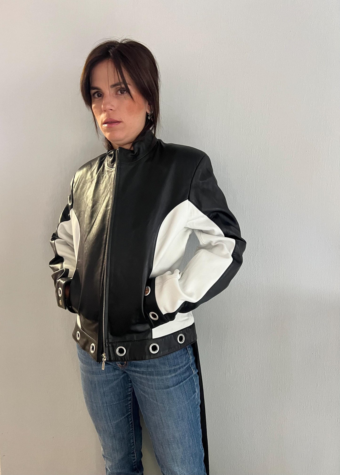 Handmade Black and White Lambskin Leather Jacket - Medium