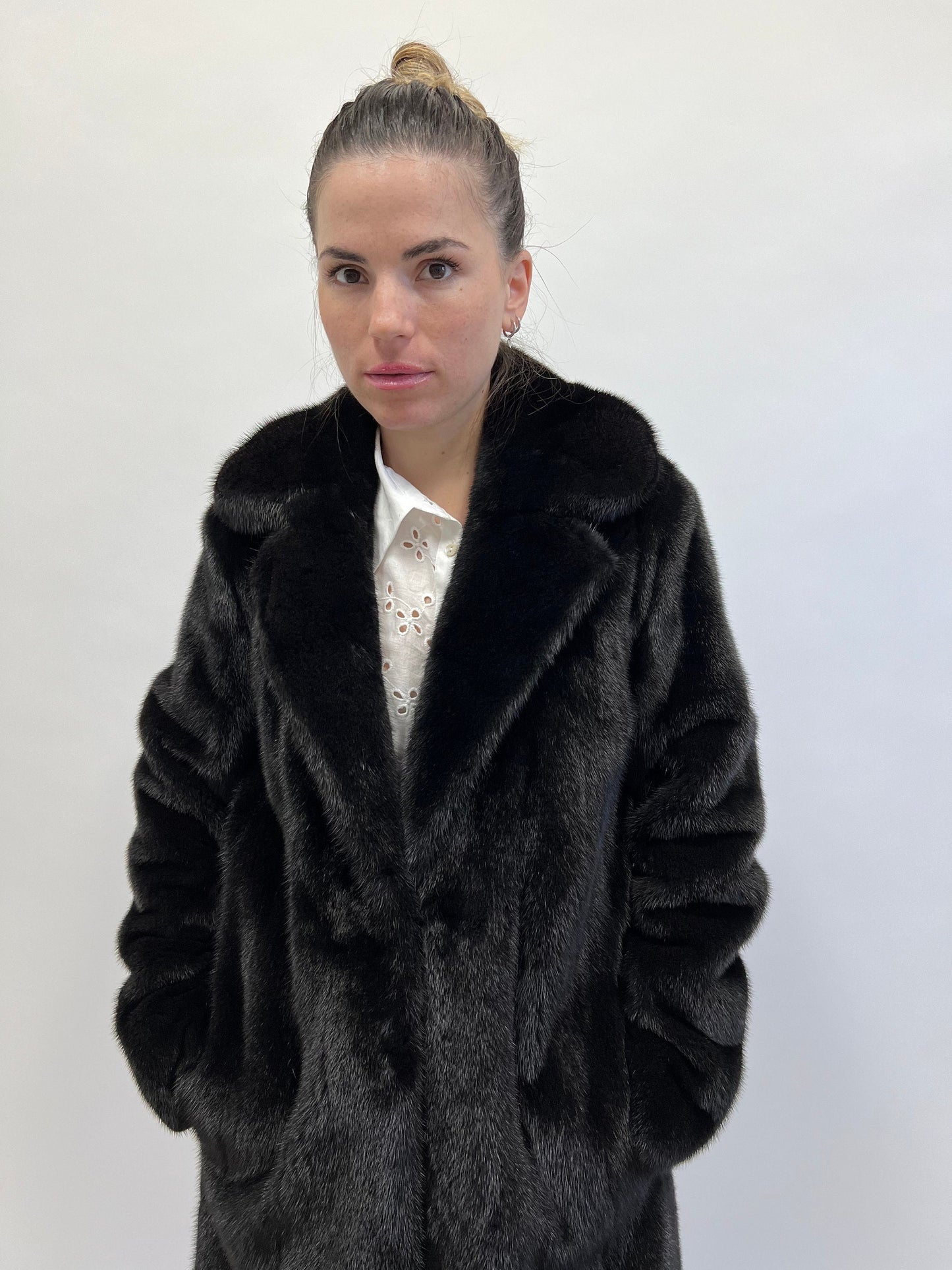 Black Velvet Mink Fur Coat: Luxury Stand Up Collar, XS/S