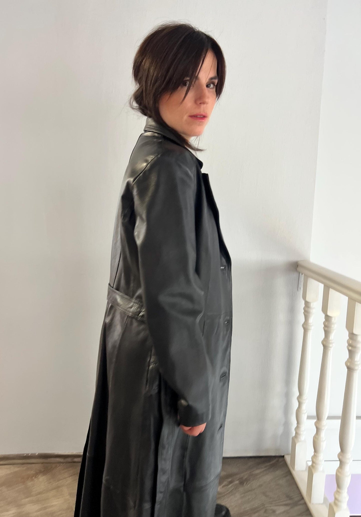Handcrafted Nappa Leather Overcoat: Full Length Black Belted Coat, Small