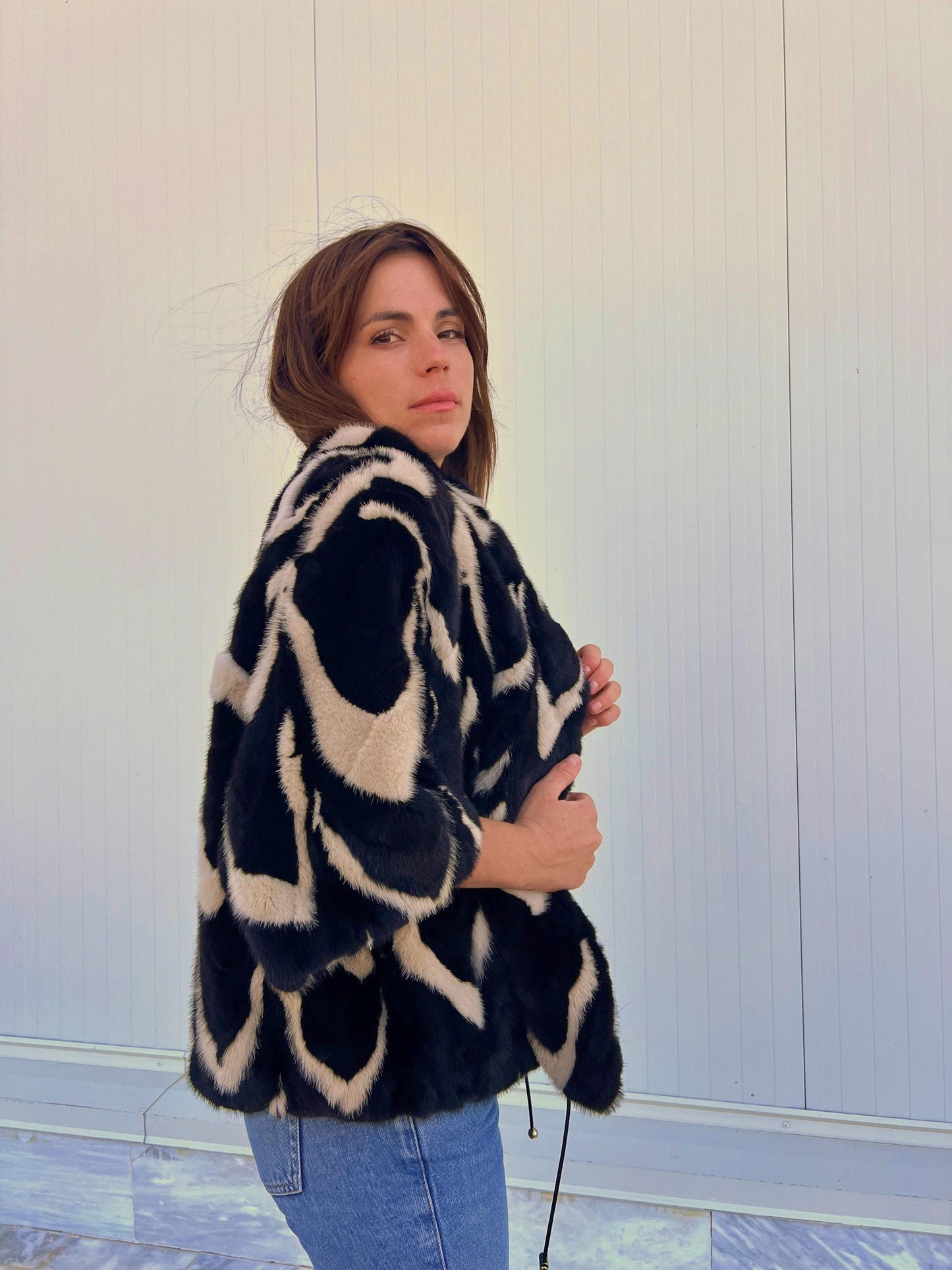 Intarsia Mink Fur Jacket: Beige & Black Genuine Fur Blazer