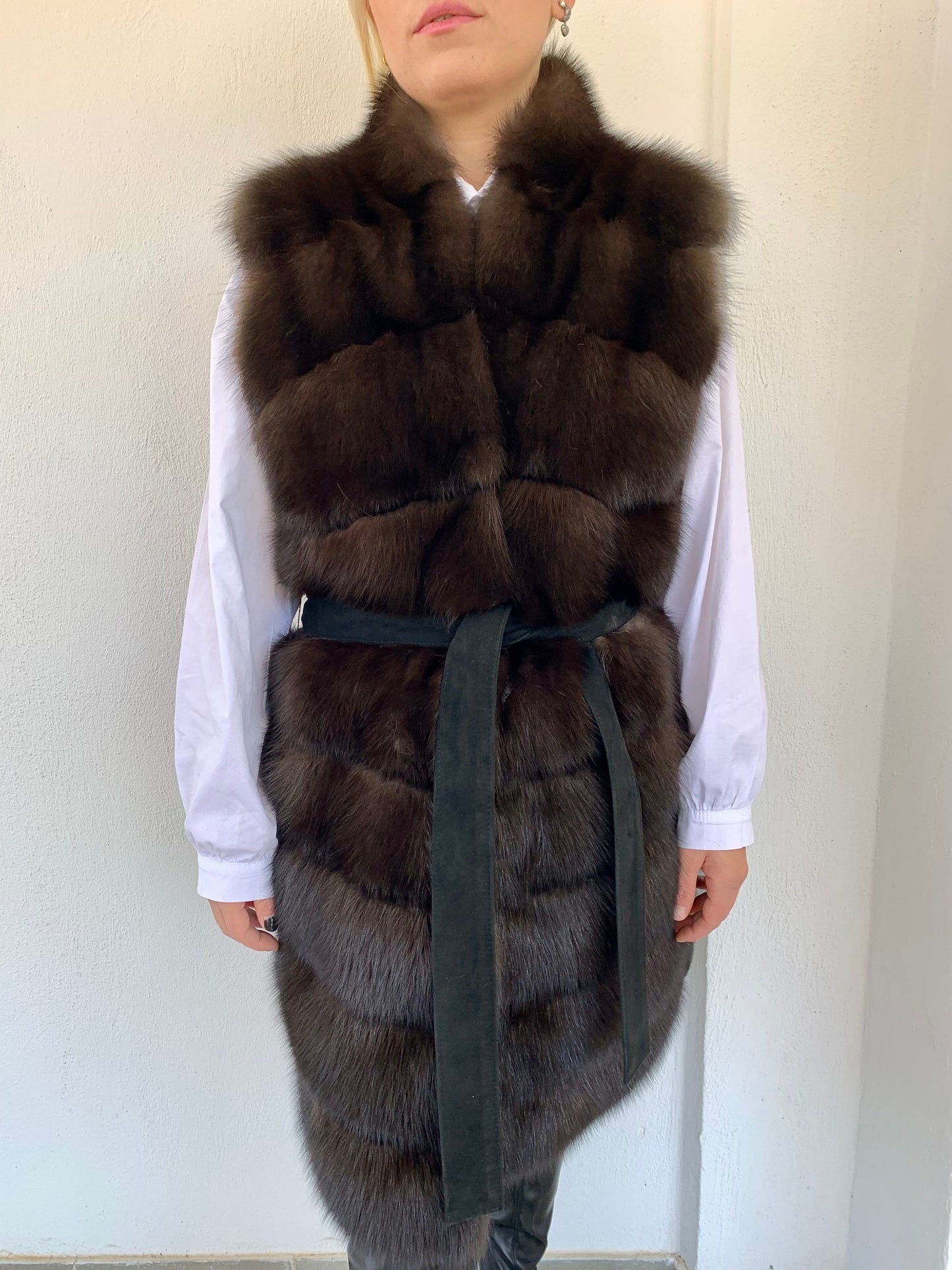 Real Sable Fur Vest: Velvet Mink Back, Suede Belt Trim