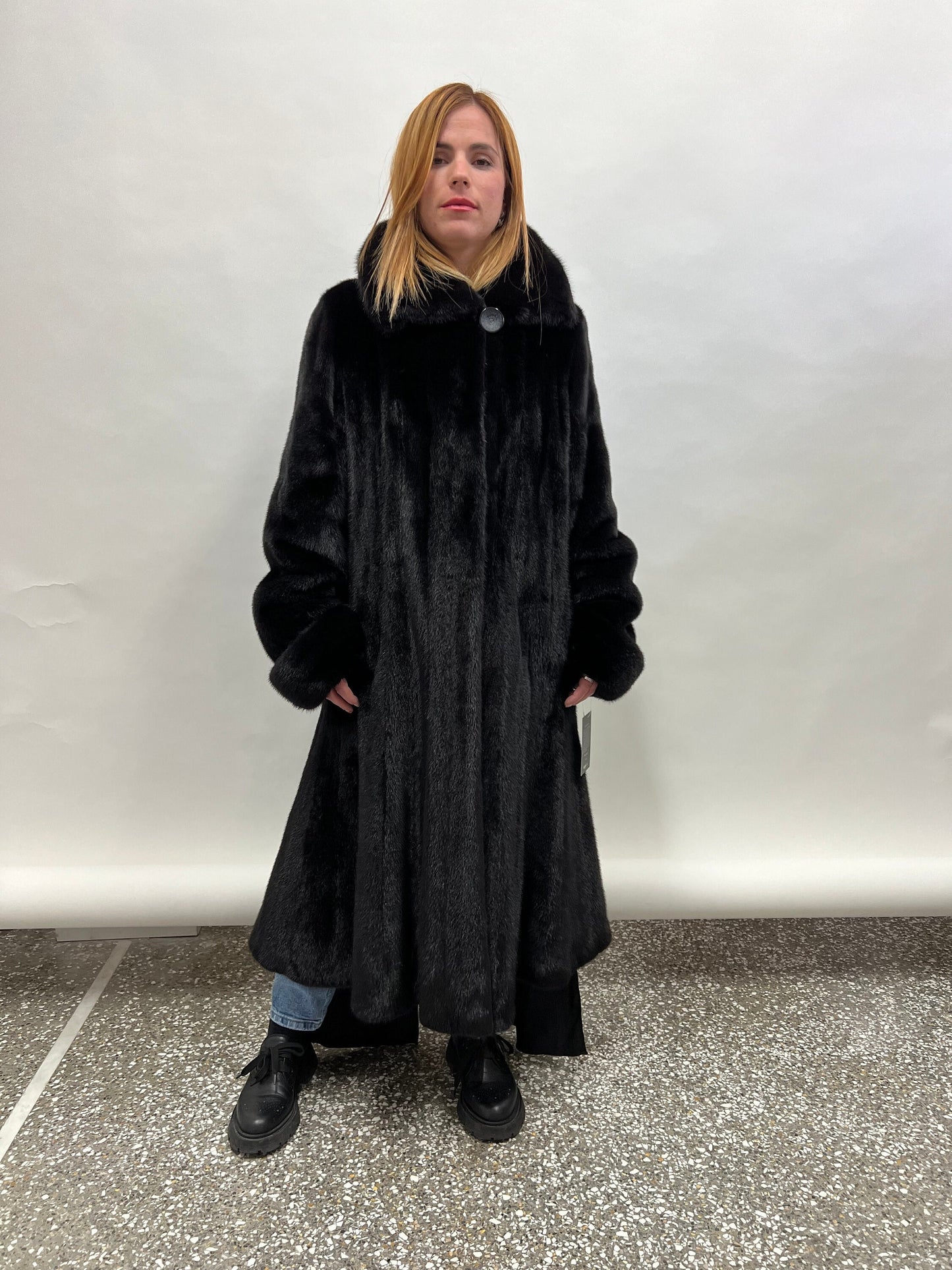 Handmade Black Mink Fur Long Coat: Godet Style, Adjustable Cuffs