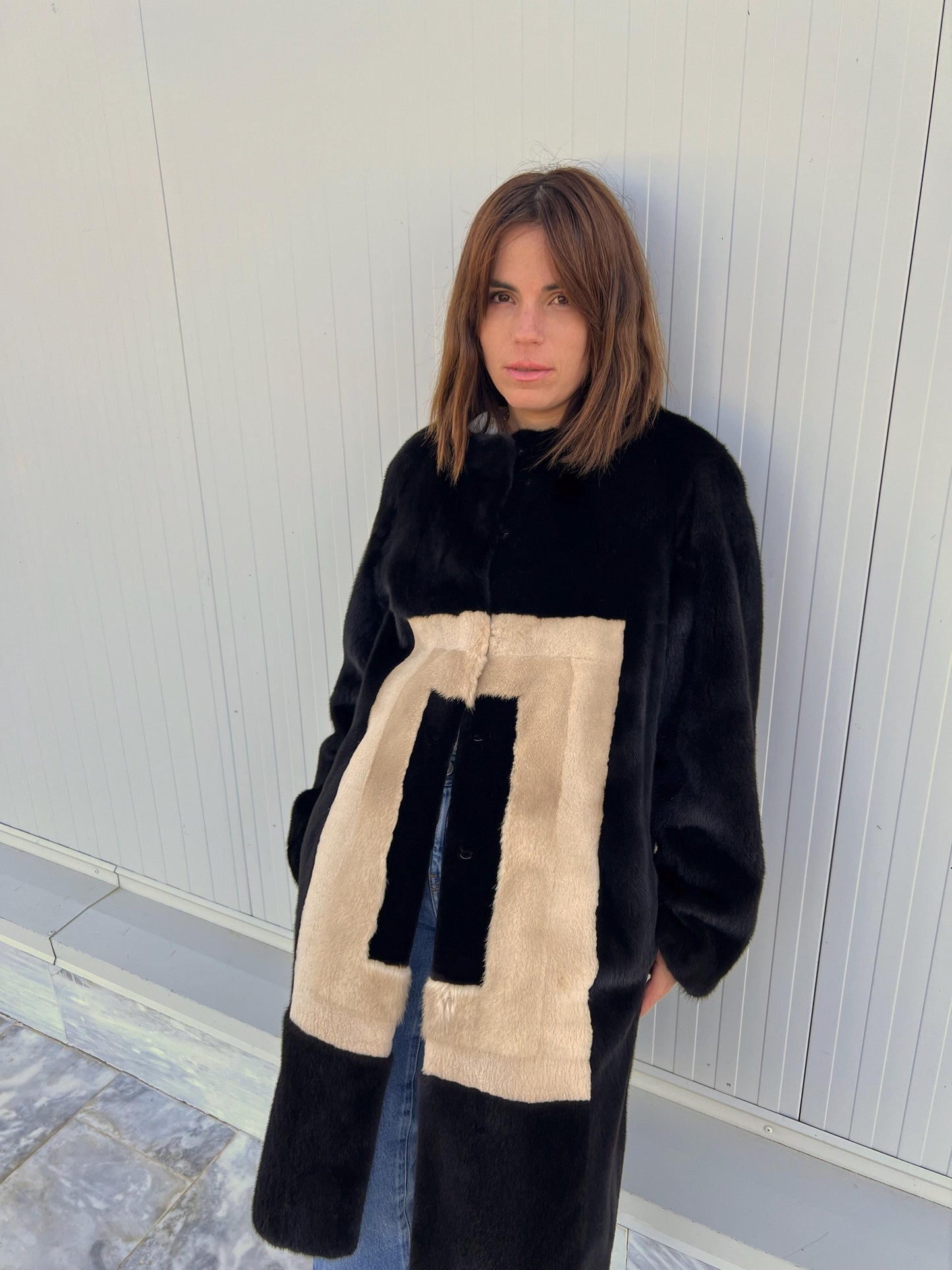 Blackglama Mink Fur Coat, Geometric Intarsia Design, Artisanal  Stroller