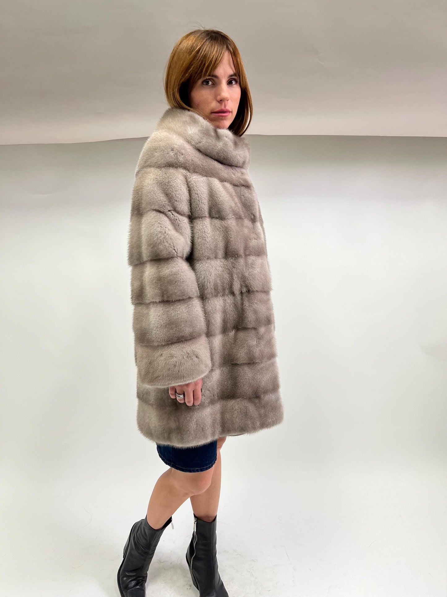 Real Silver Mink Fur Stroller Coat, High Collar - Size Small/Medium