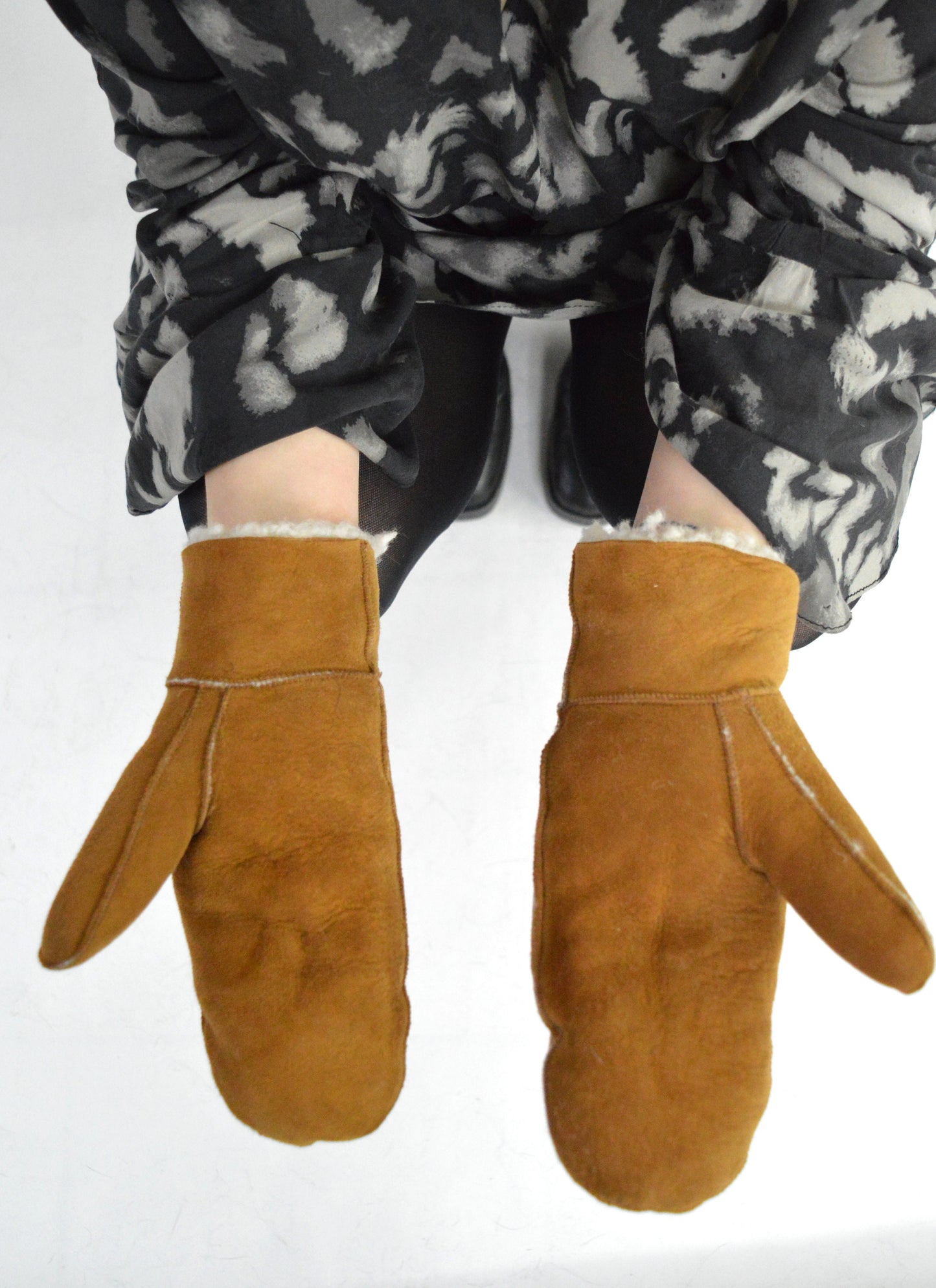 Shearling Mittens: Real Camel Sheepskin Fur Gloves