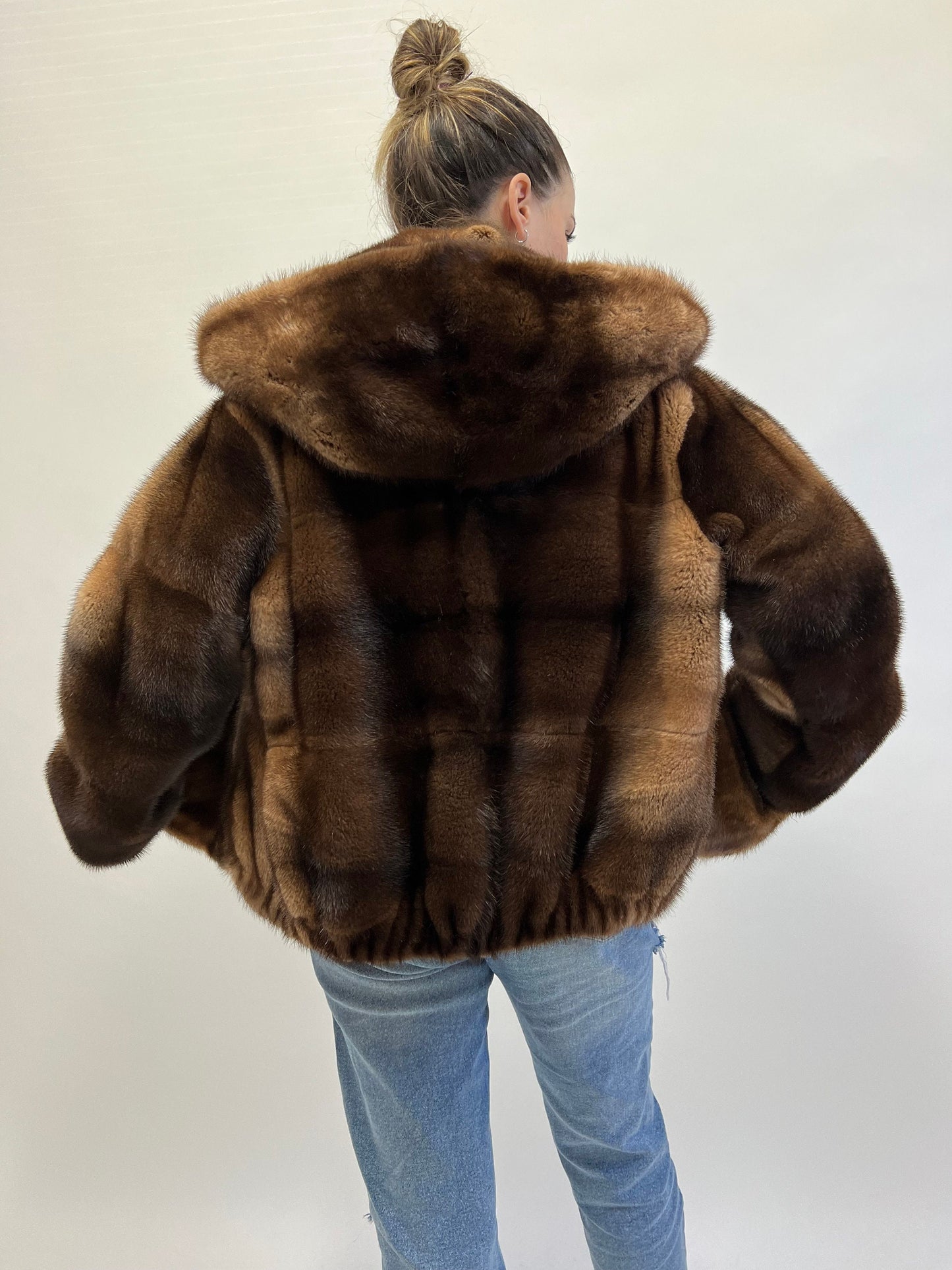 Saga Furs Mink Jacket: Tan Brown Degrade Fur, Hooded