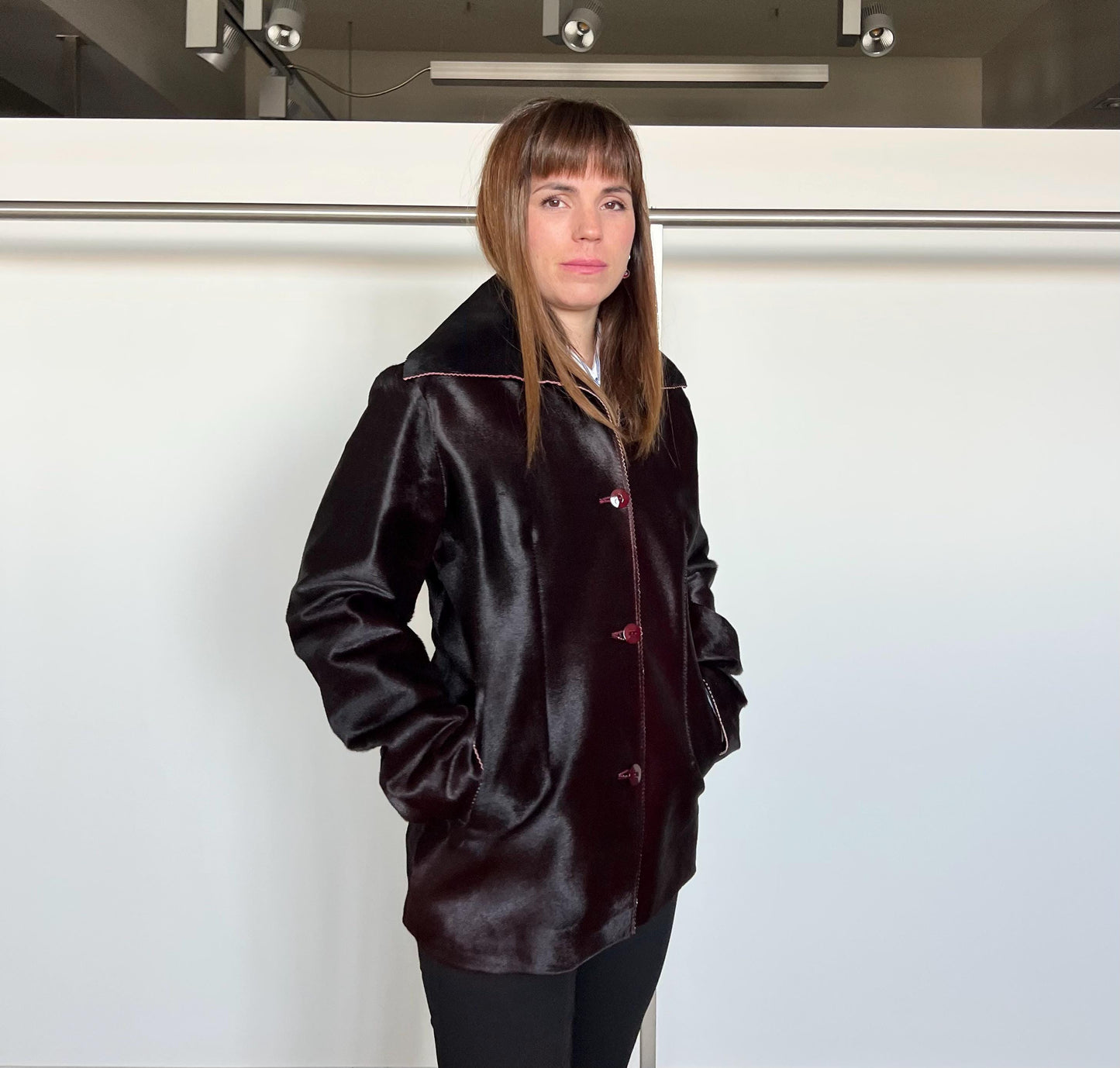 Burgundy Pony Hair Leather Coat: Handmade Calf Hide Jacket