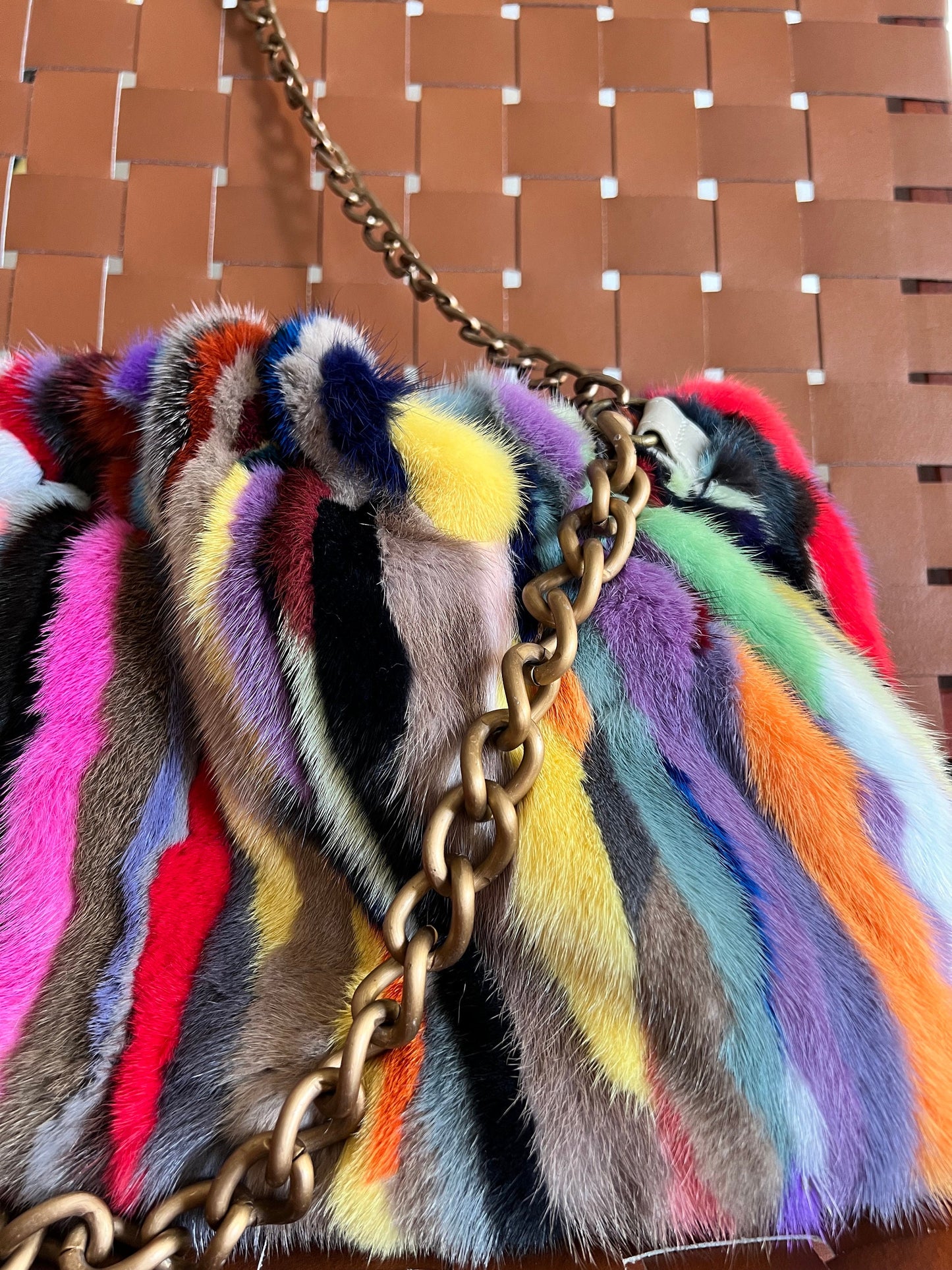 Handmade Multicolored Mink Fur Shoulder Bag with Bronze Straps