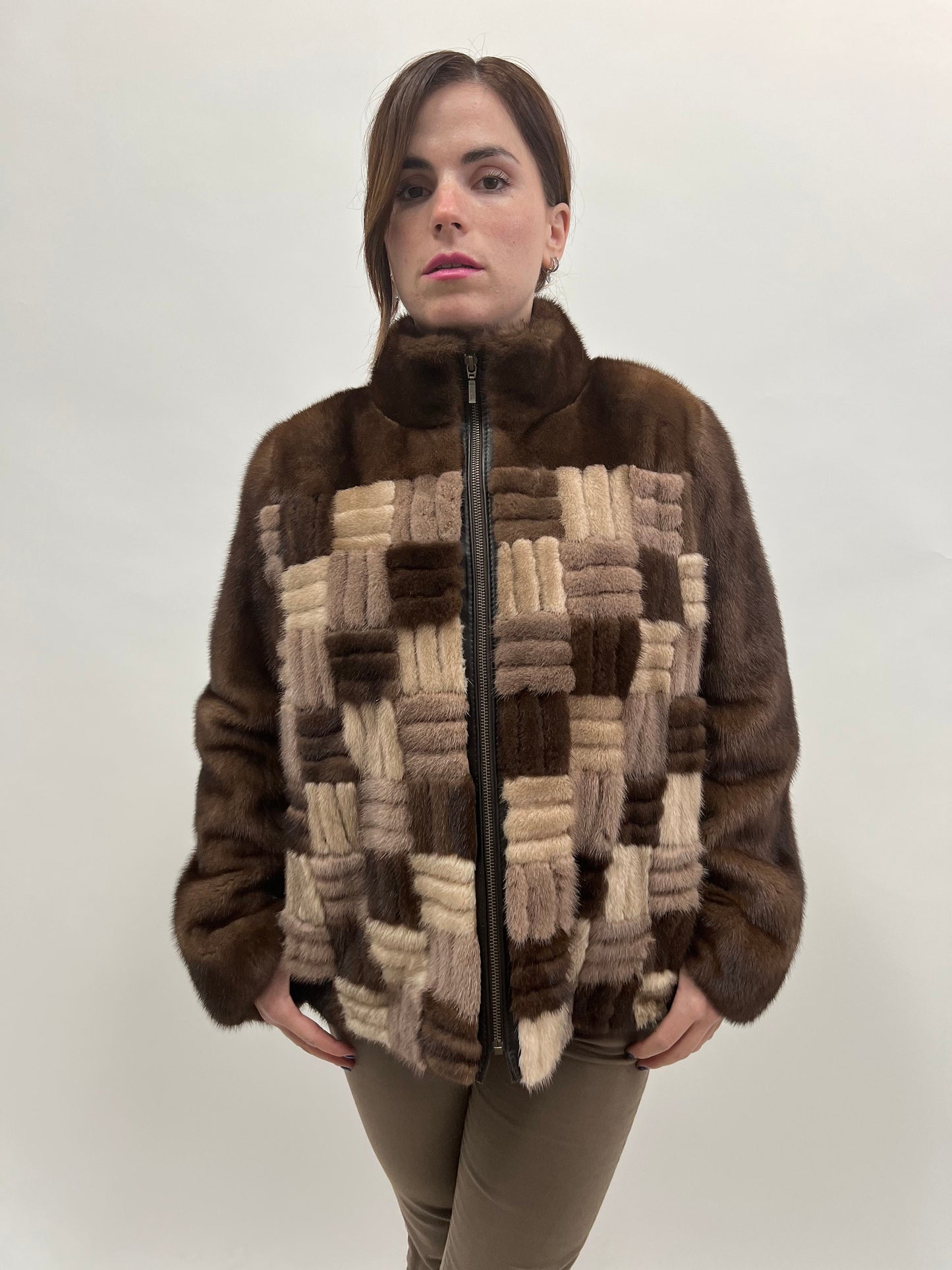 Intarsia Brown Mink Fur Jacket: Lightweight Zip Coat, Saga Fur