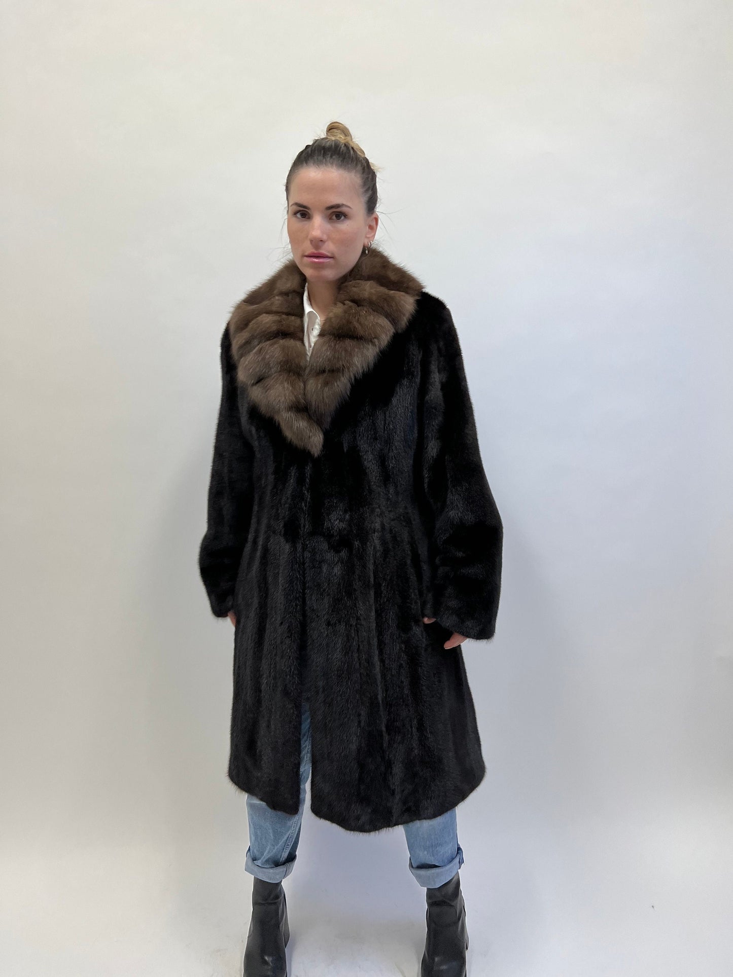 Handmade Black Mink Fur Long Coat with Sable Collar