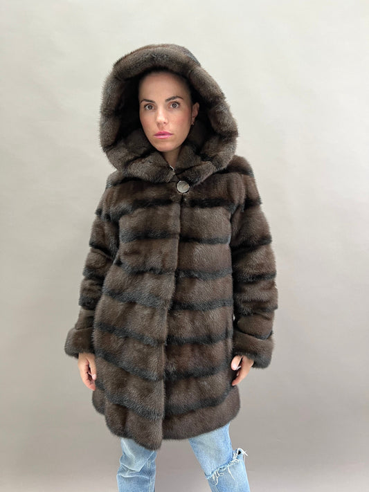 Aurora Brown Mink Fur Hooded Coat: Handmade Luxury Jacket