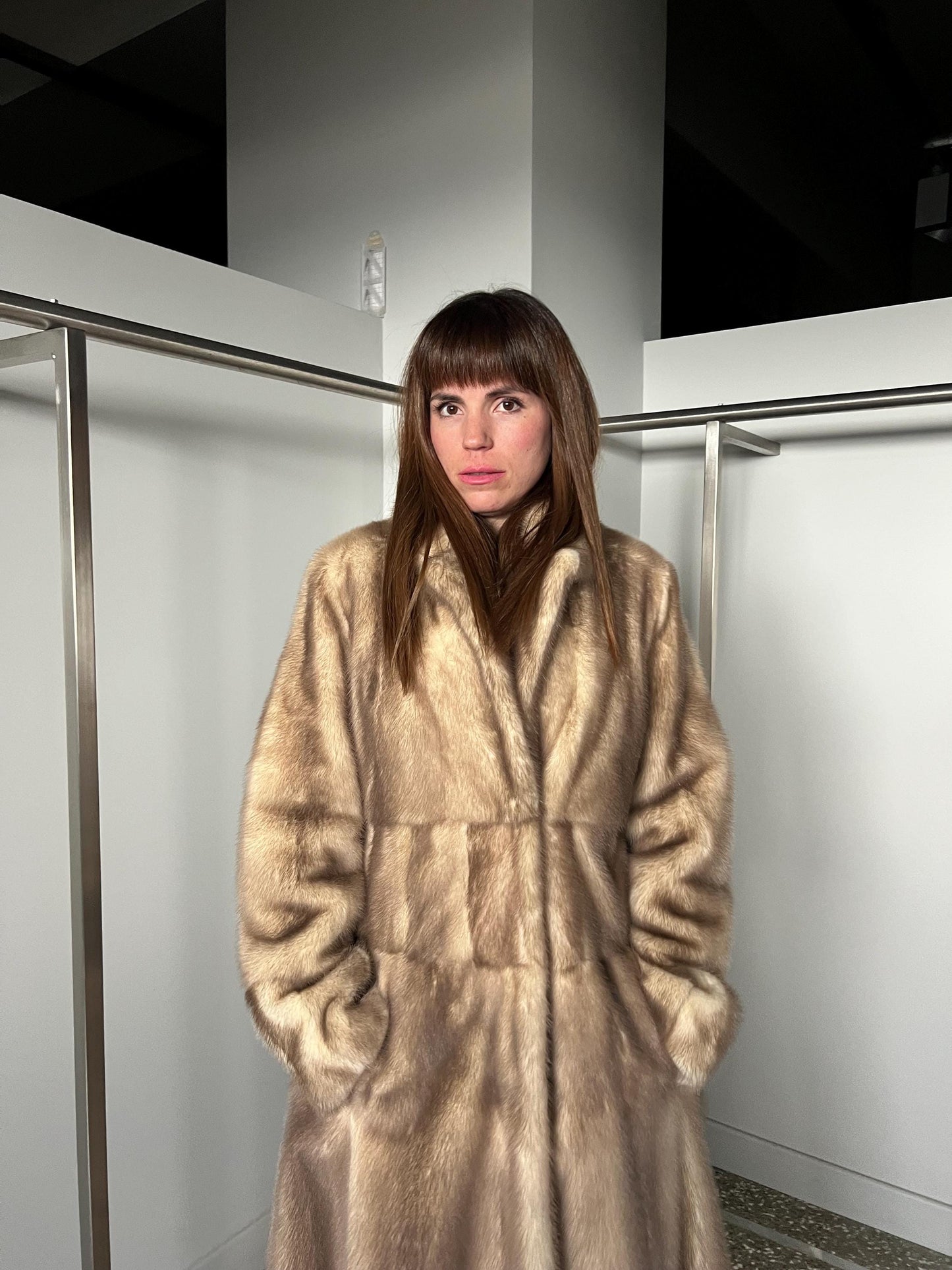 Pearl Mink Fur Stroller: Beige Saga Full Length Luxury Coat
