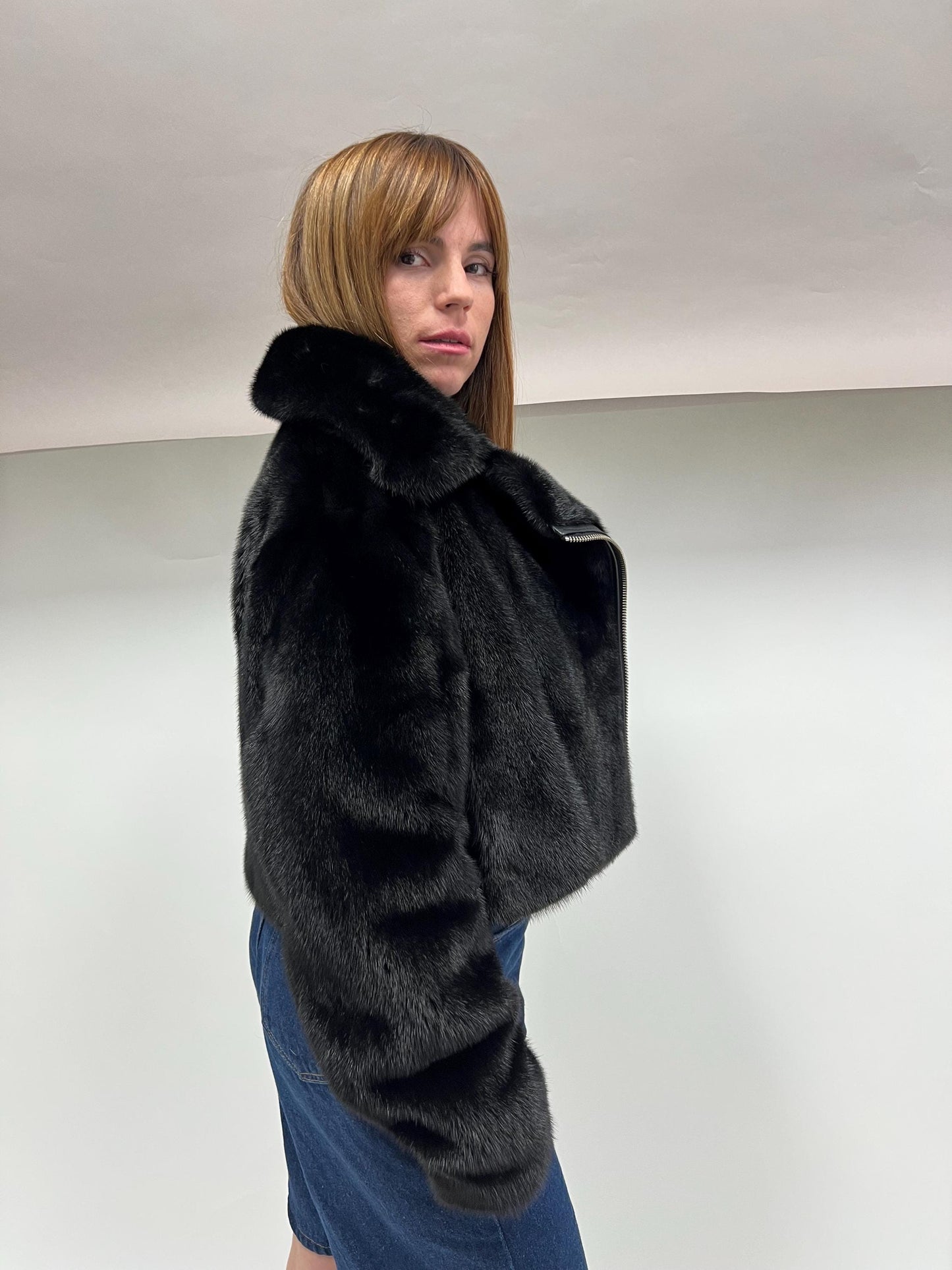 Black Mink Fur Biker Jacket: Saga Fur, Silver Hardware