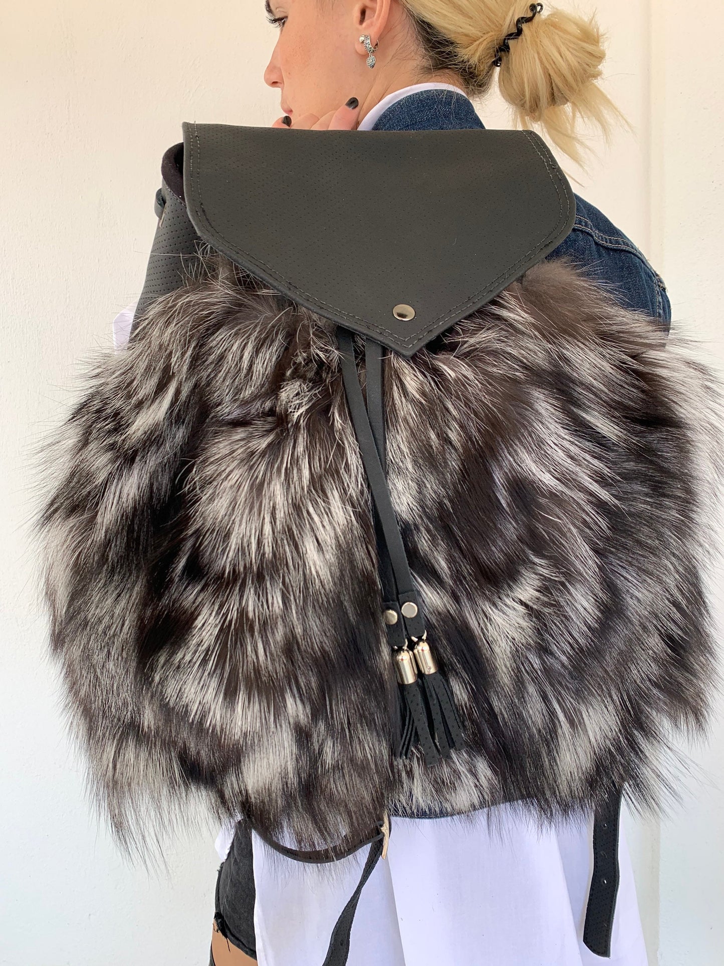 Real Leather & Silver Fox Fur Backpack: Adjustable Straps