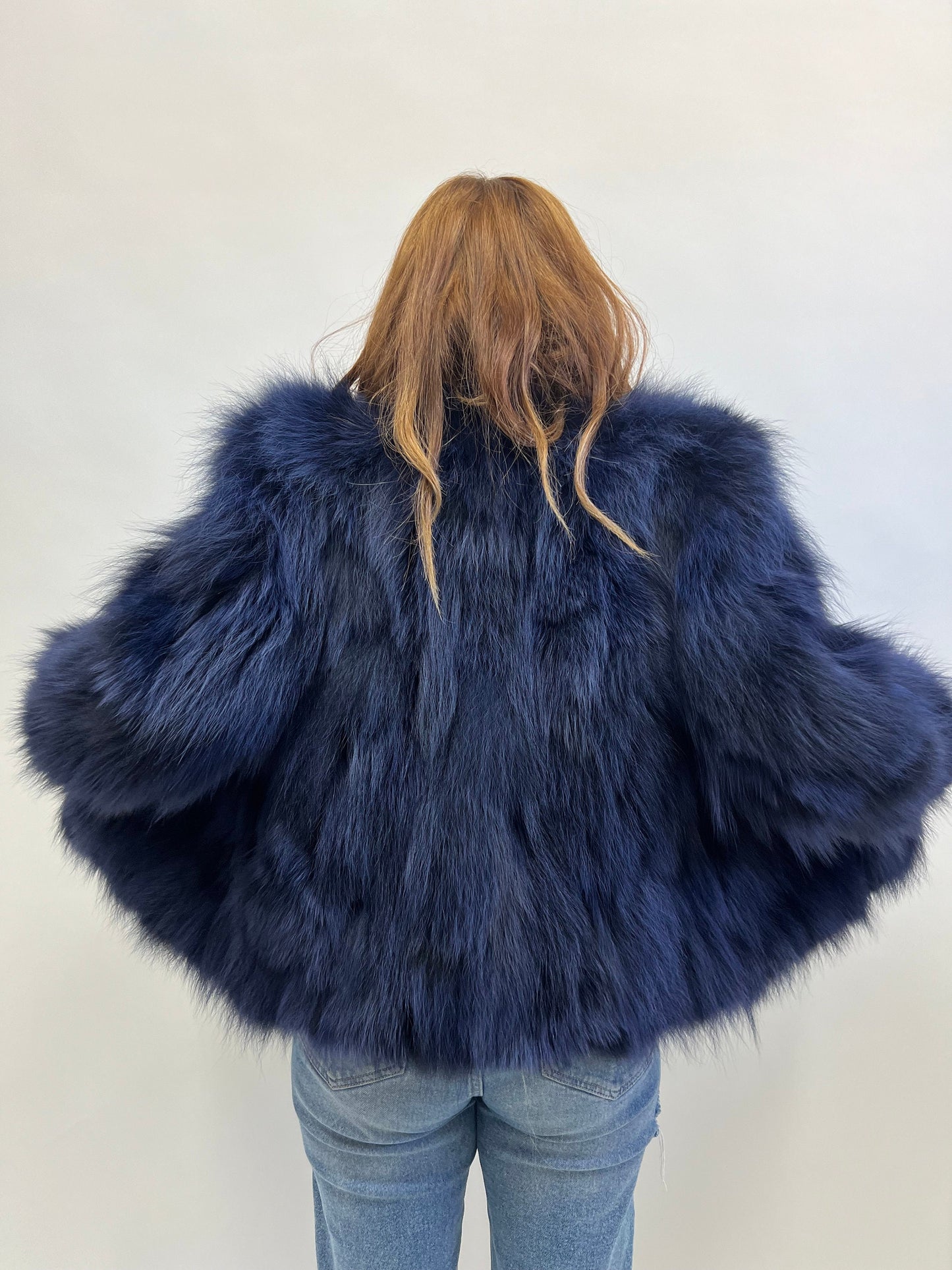 Real Denim Blue Fox Fur Jacket - Handmade Winter Coat