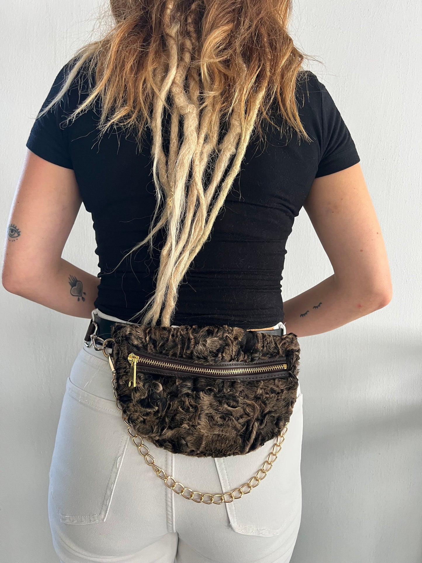 Real Mink Fur Bumbag: Brown Fanny Pack with Chain